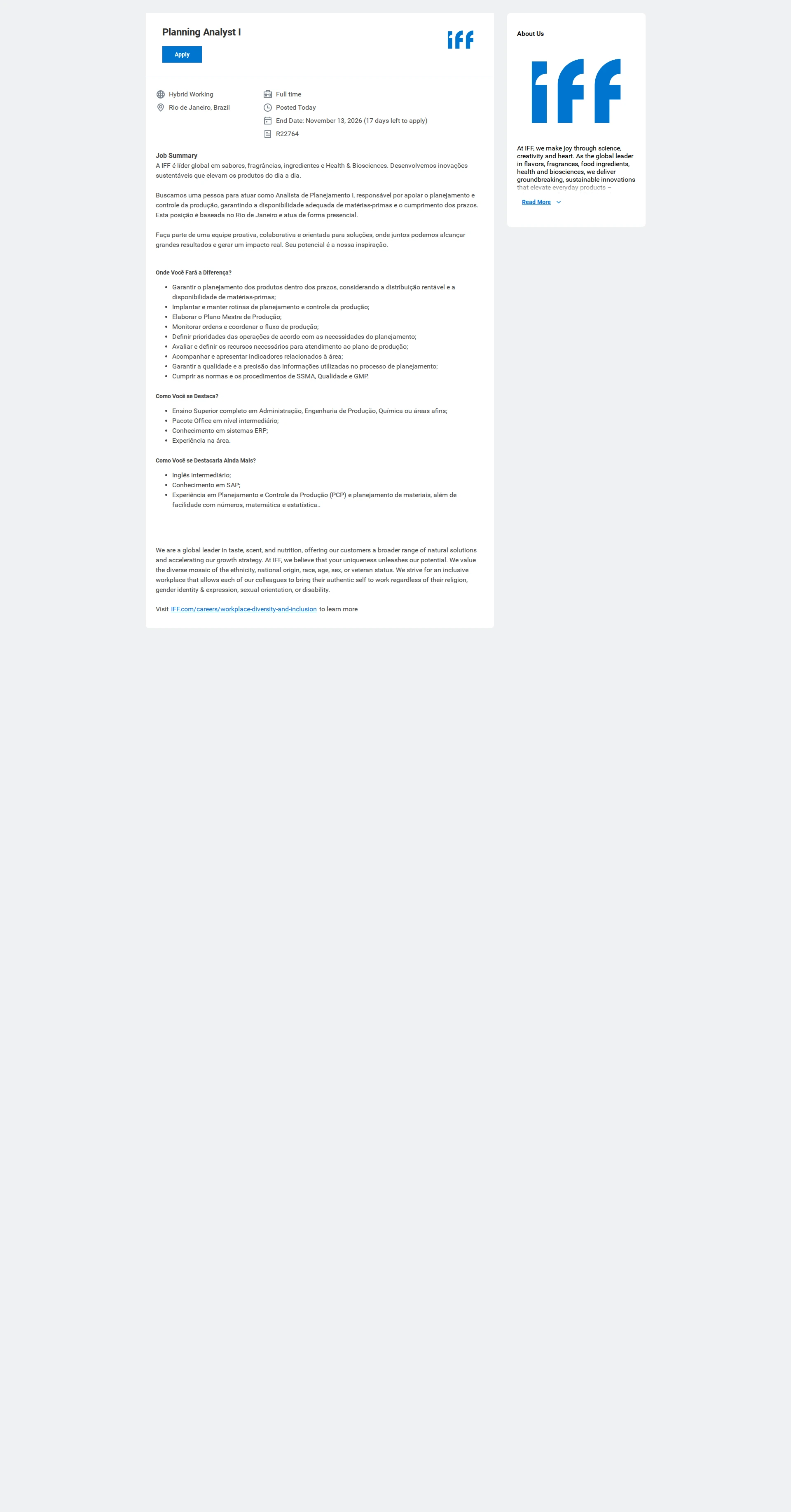 IFF Planning Analyst I 채용공고