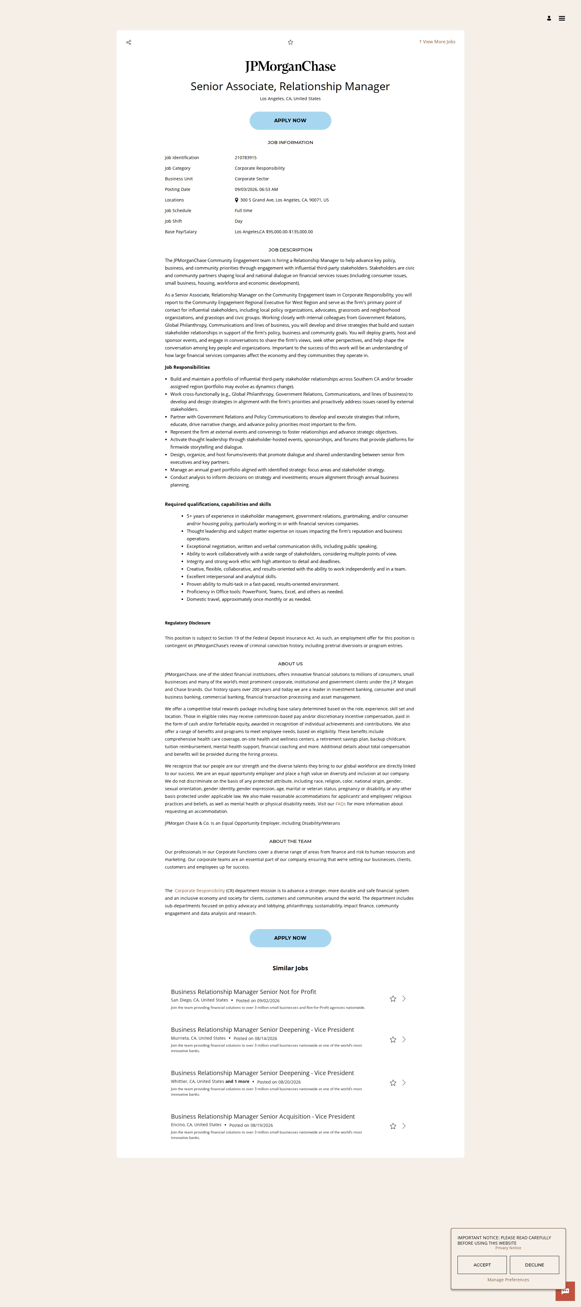 JPMorganChase Senior Associate, Relationship Manager 채용공고