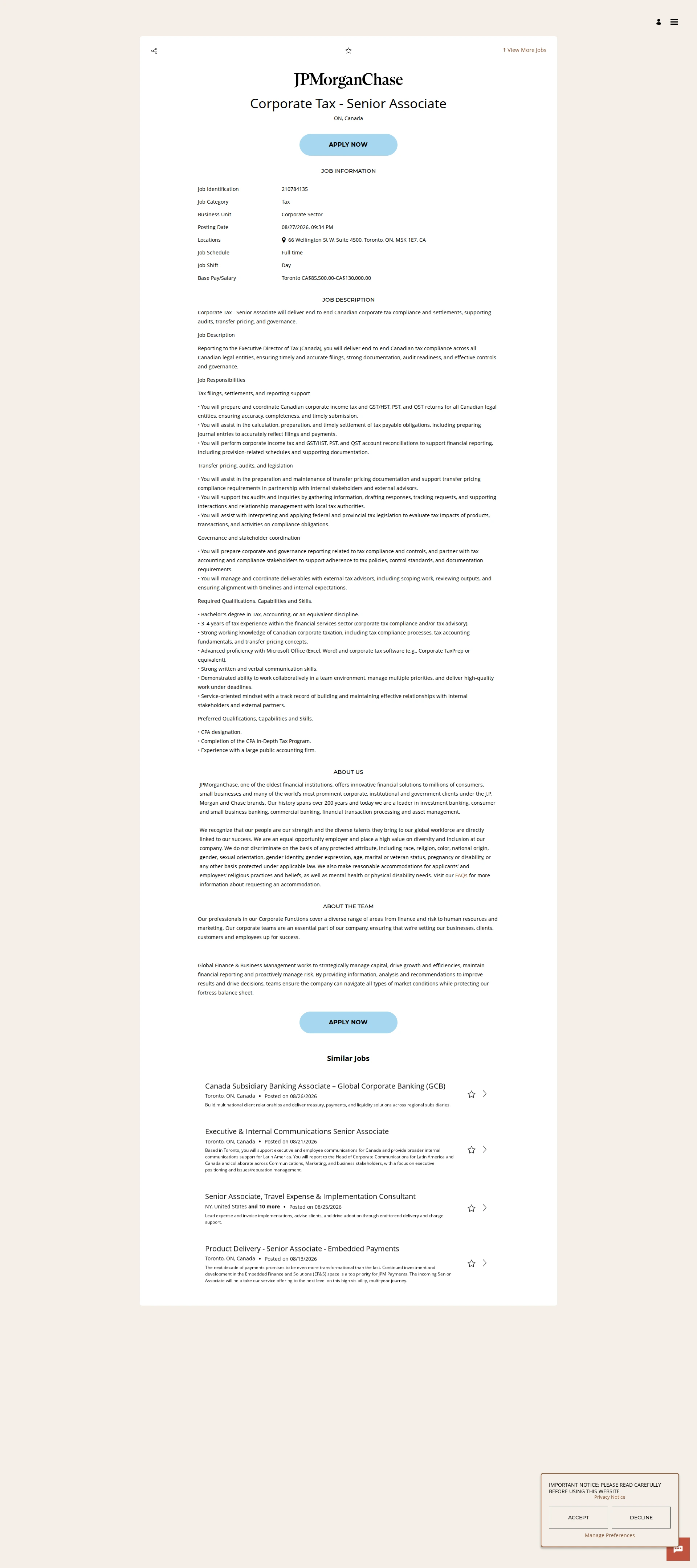 JPMorganChase Corporate Tax - Senior Associate 채용공고