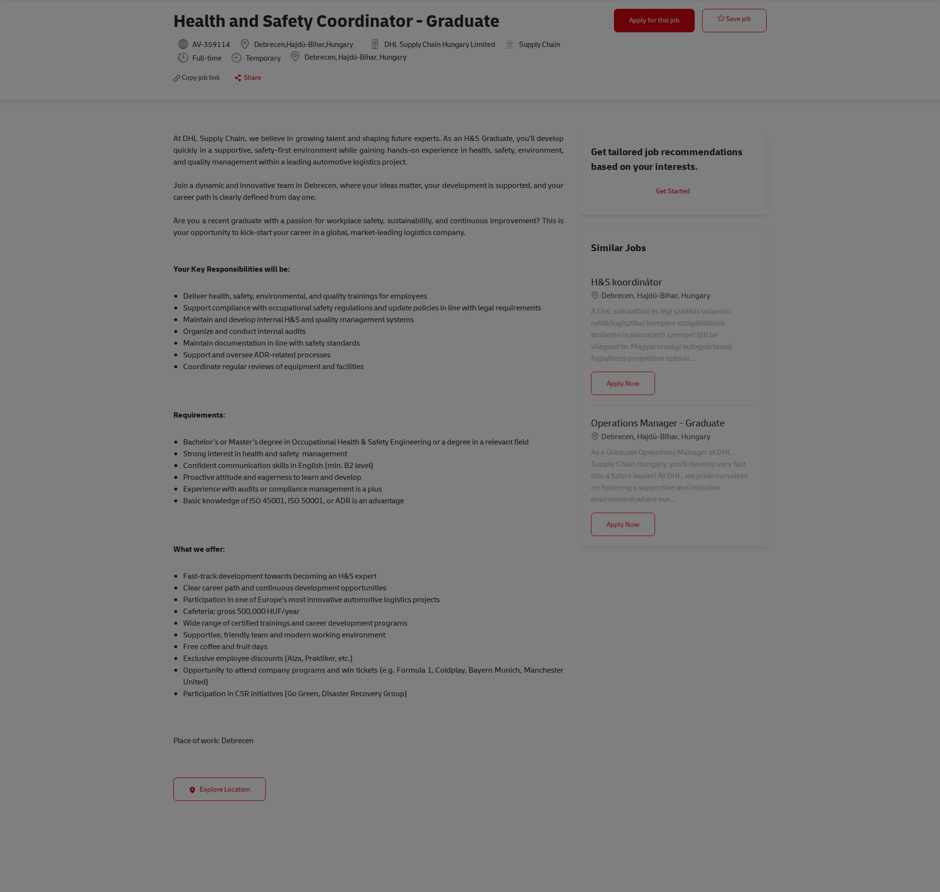 DHL Health and Safety Coordinator - Graduate 채용공고