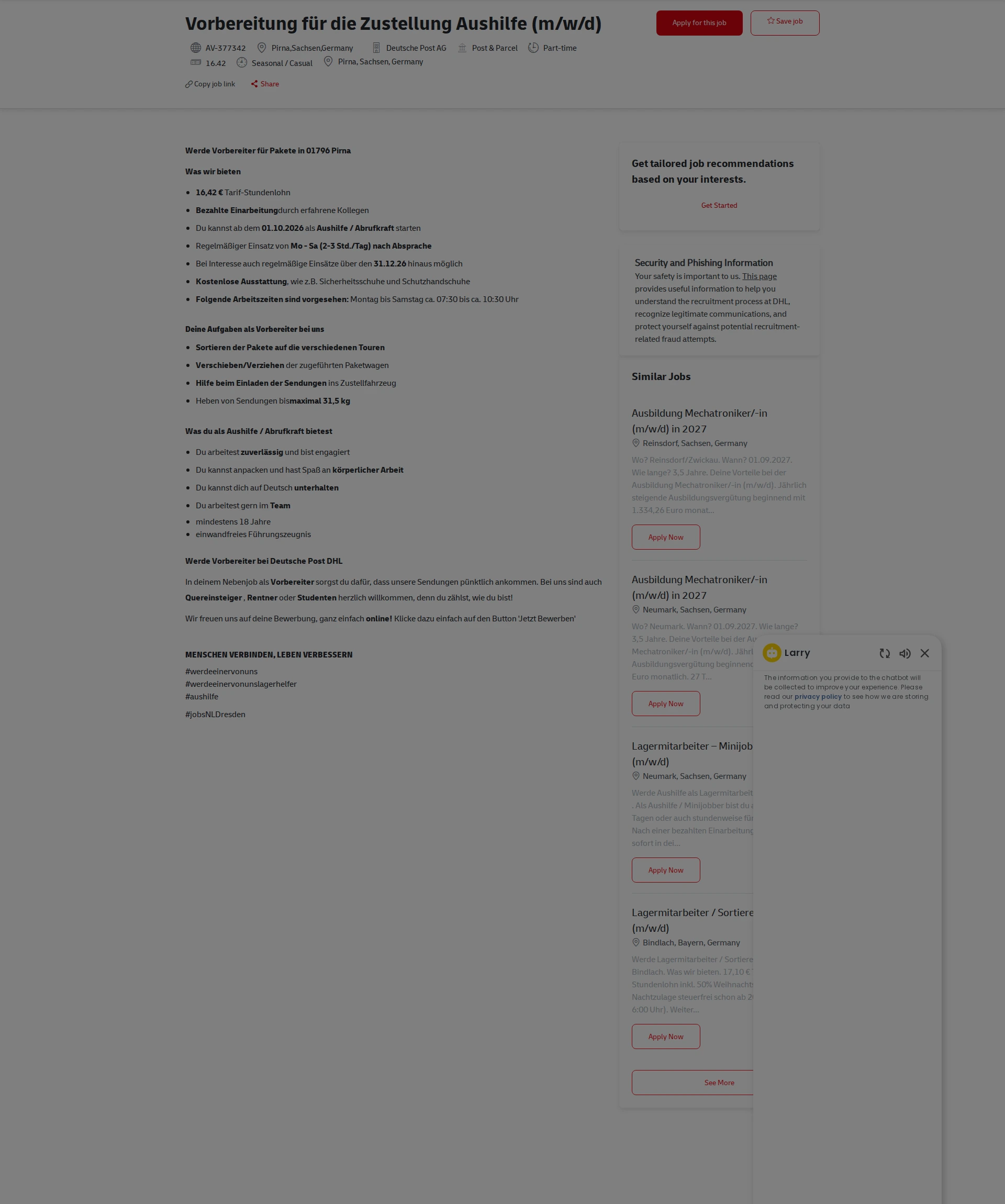 DHL Vorbereitung für die Zustellung Aushilfe (m/w/d) 채용공고