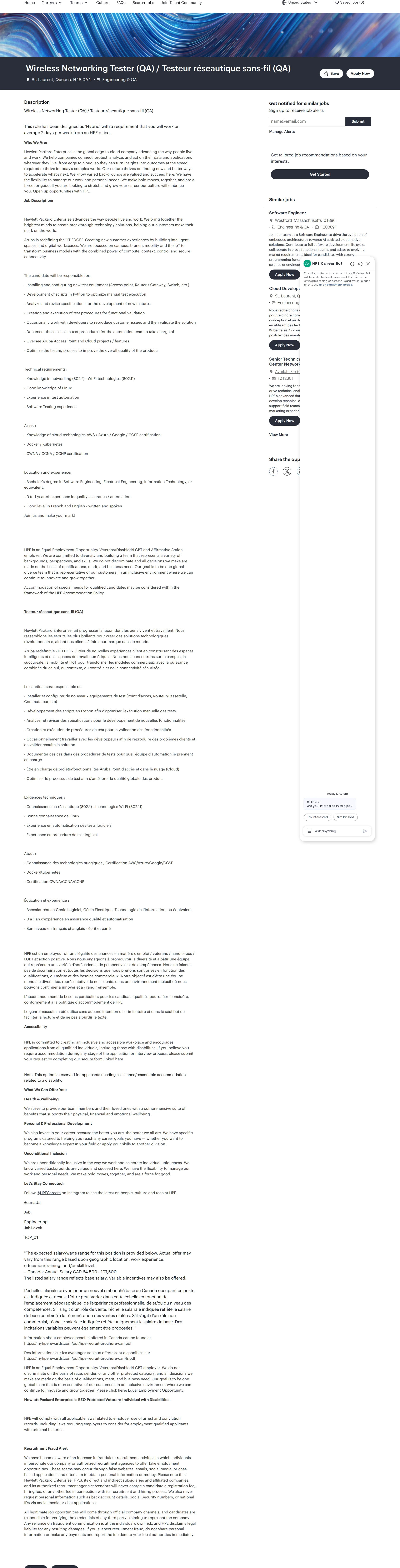 HP Wireless Networking Tester (QA) / Testeur réseautique sans-fil (QA) 채용공고