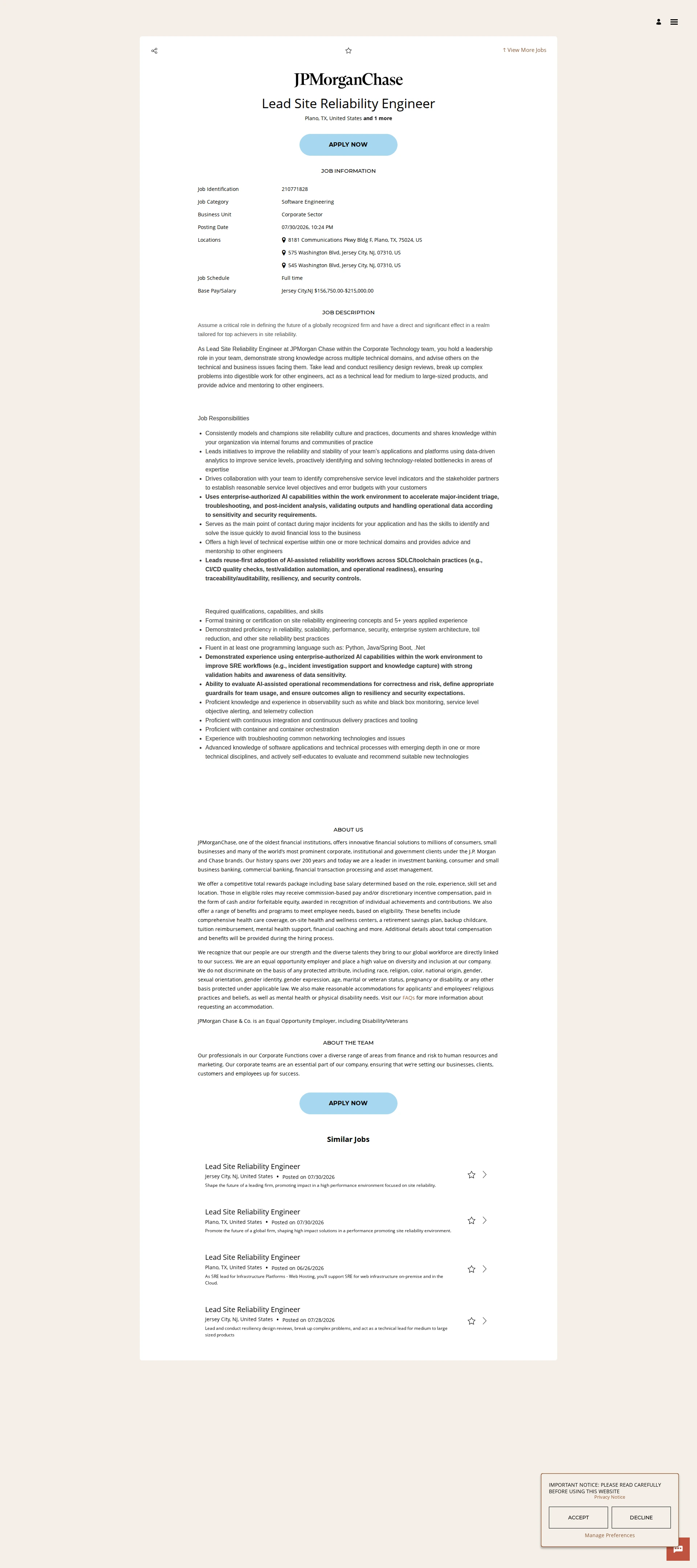 JPMorganChase Lead Site Reliability Engineer 채용공고