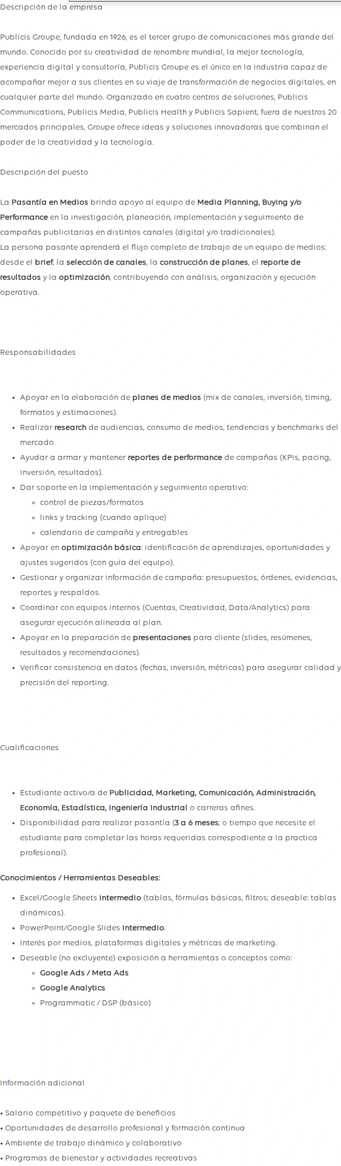 Publicis Groupe Pasantía en Medios (Media Intern) 채용공고