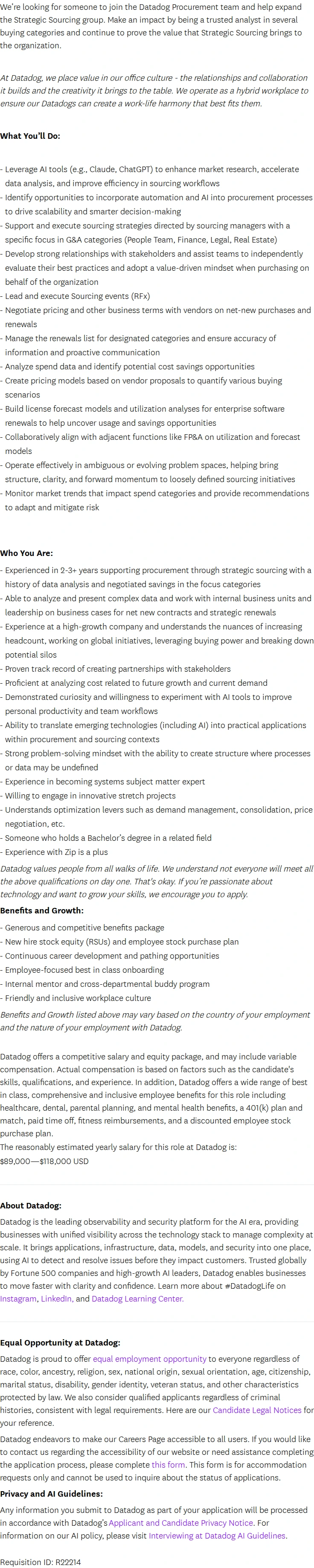 데이터독 Senior Strategic Sourcing Analyst 채용공고