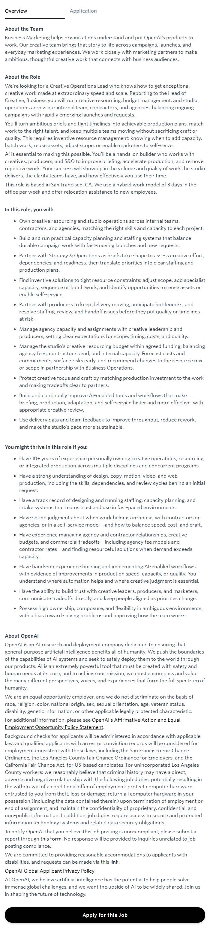 오픈에이아이(OpenAI) Creative Operations Lead, Business Marketing 채용공고