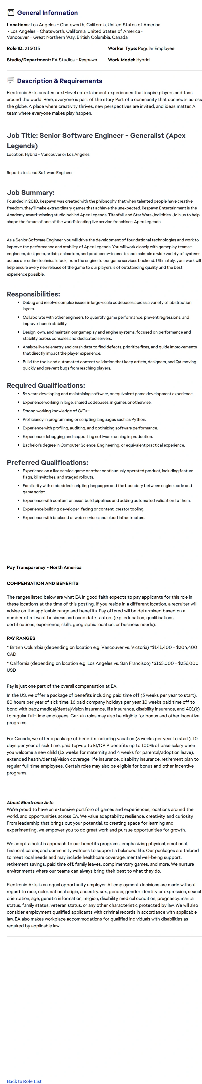 ElectronicArts Senior Software Engineer- Generalist (Apex Legends) 채용공고