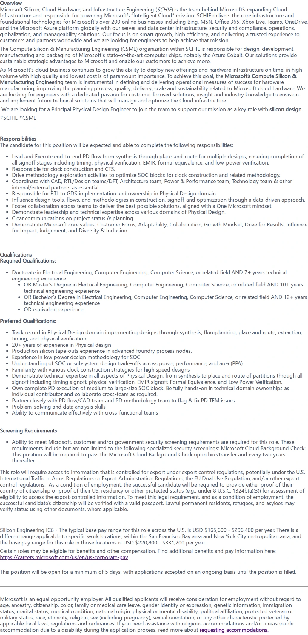 마이크로소프트(Microsoft) Principal Physical Design Engineer 채용공고