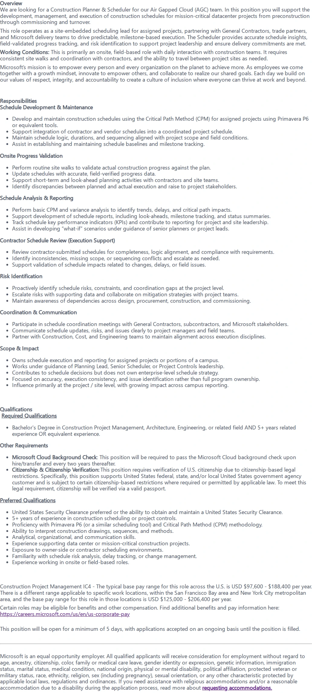 마이크로소프트(Microsoft) Construction Planner & Scheduler (Air Gapped Cloud) 채용공고