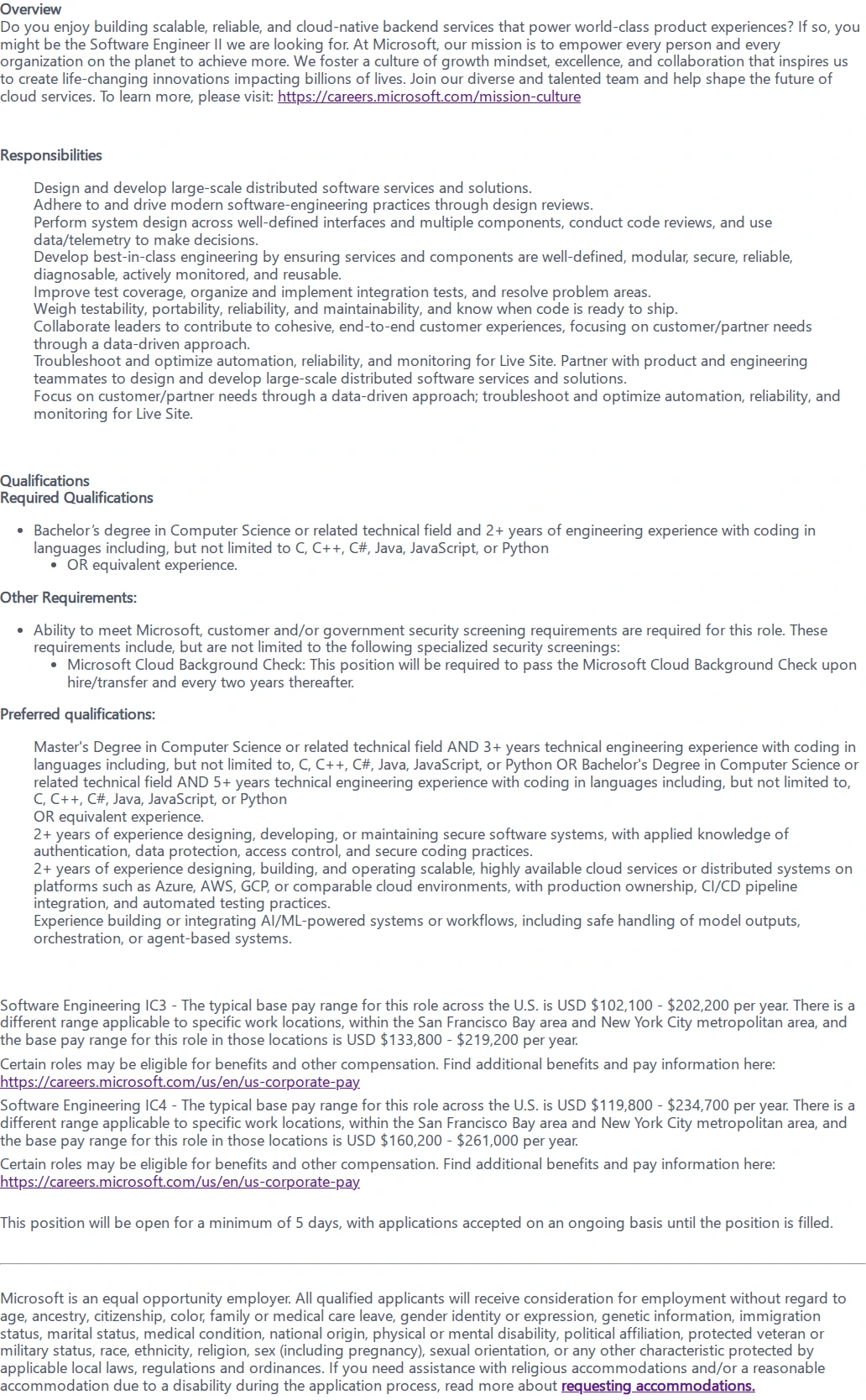 마이크로소프트(Microsoft) Software Engineering II 채용공고