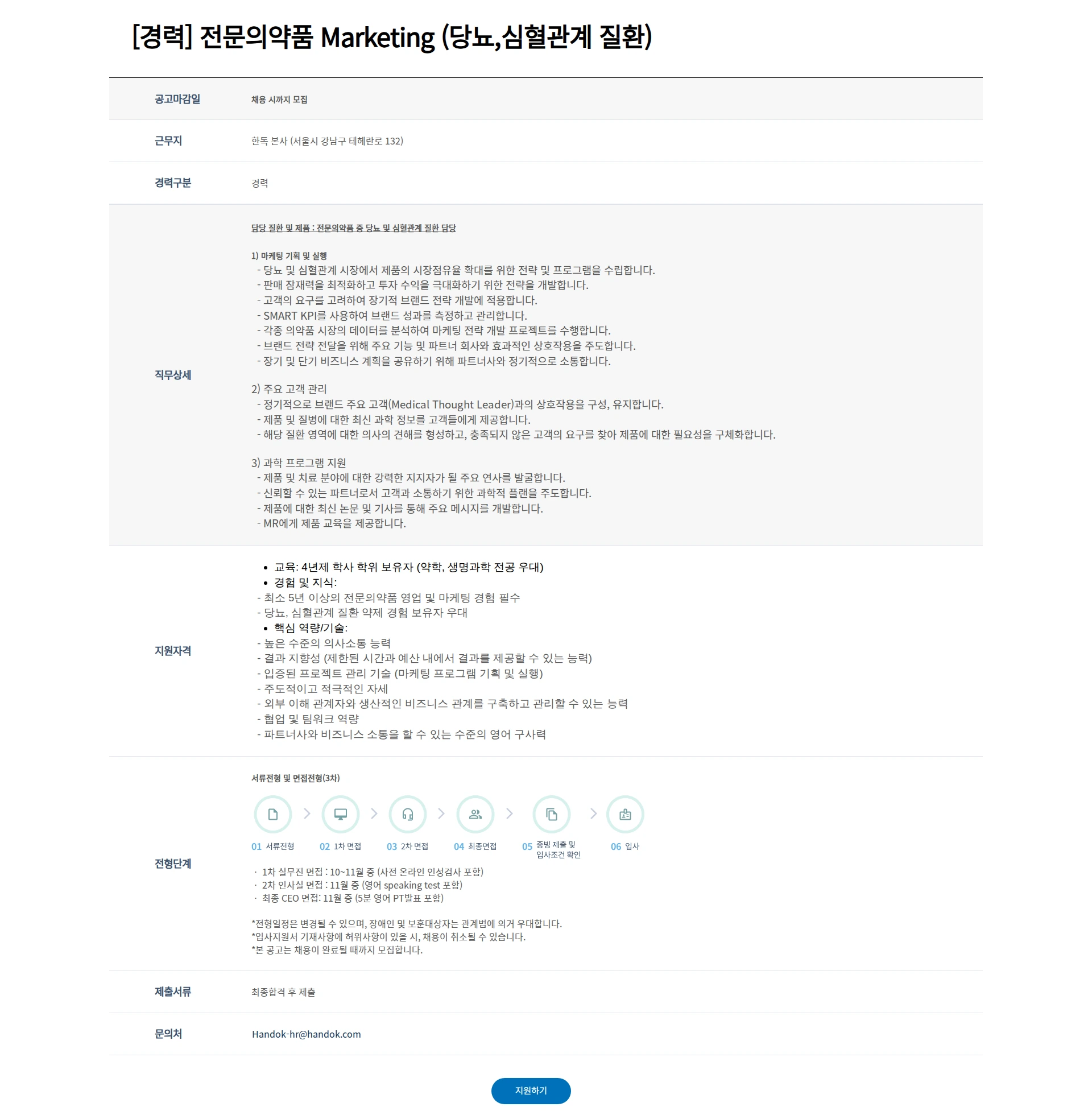 한독 [경력] 전문의약품 Marketing (당뇨,심혈관계 질환) 채용공고