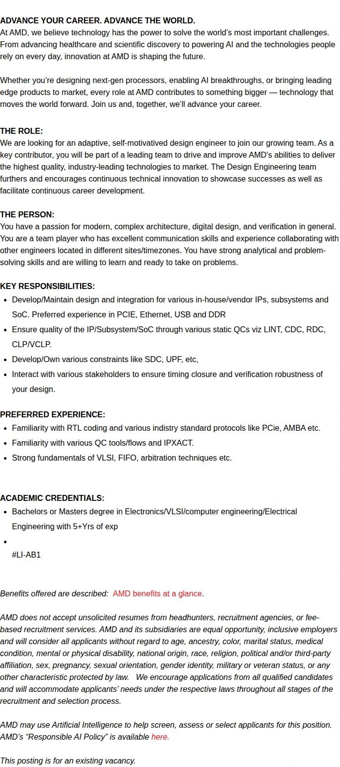 AMD RTL Design Engineer - PCIE, Ethernet, USB and DDR 채용공고