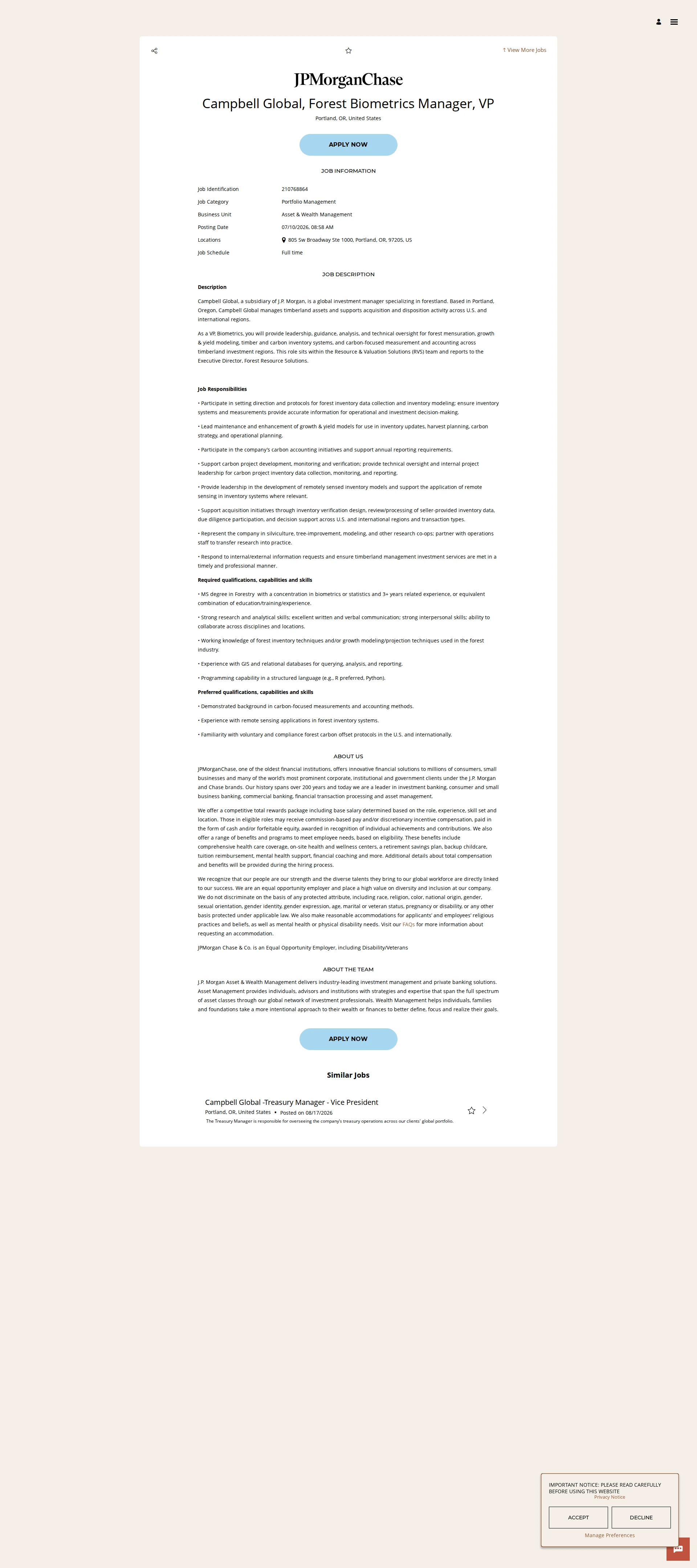 JPMorganChase Campbell Global, Forest Biometrics Manager, VP 채용공고