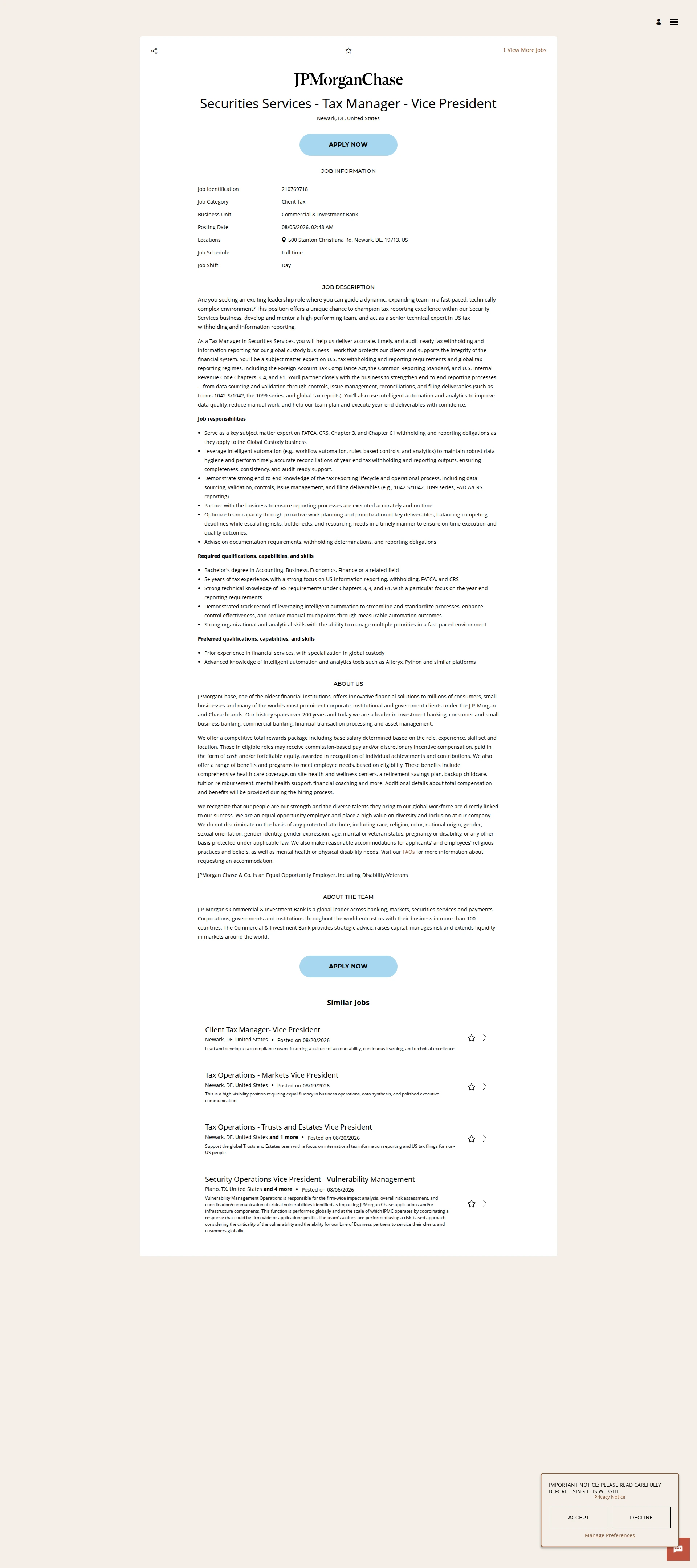 JPMorganChase Securities Services - Tax Manager - Vice President 채용공고