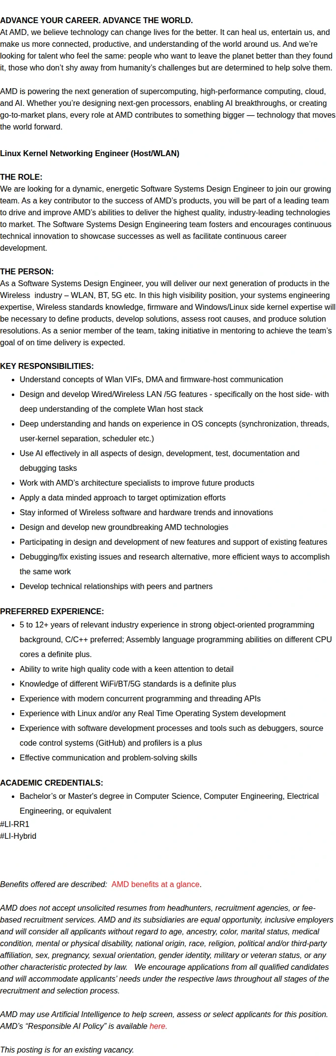 AMD Sr Device Driver Developer - C/C++ 채용공고