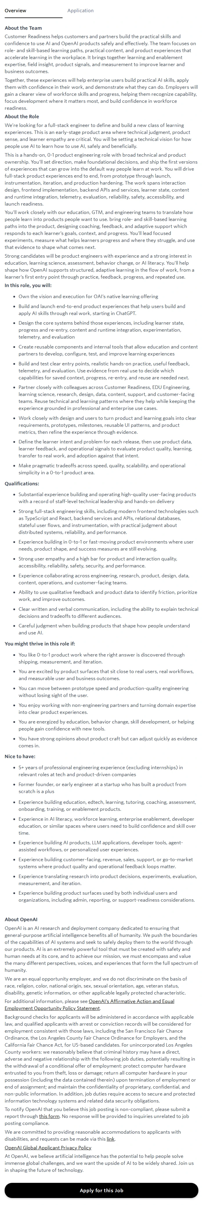 오픈에이아이(OpenAI) Software Engineer, Native Learning Experiences 채용공고