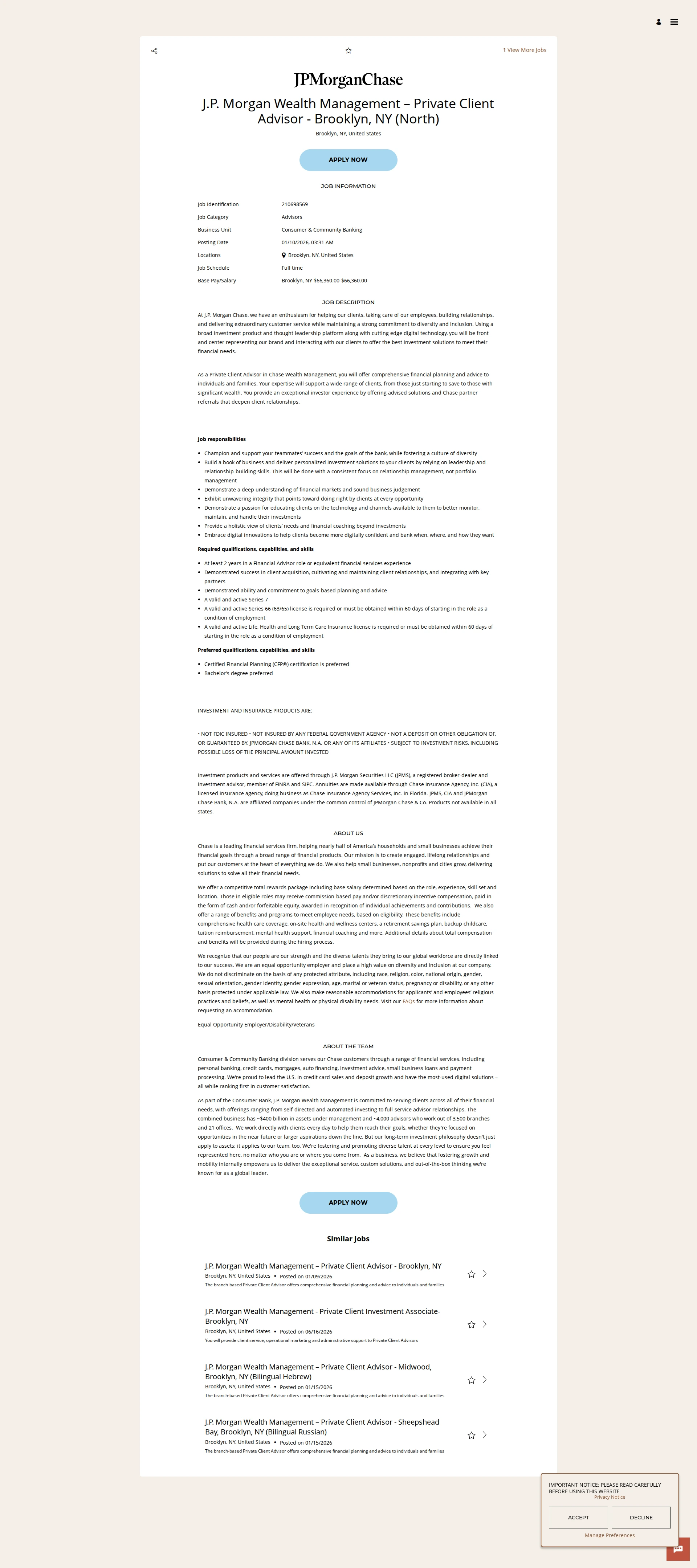 JPMorganChase J.P. Morgan Wealth Management – Private Client Advisor - Brooklyn, NY (North) 채용공고