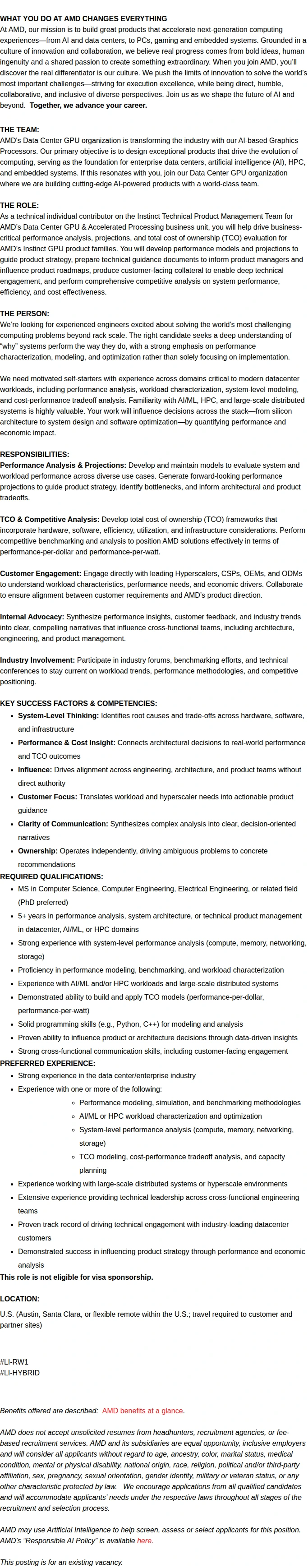 AMD Sr. Manager, Technical Product Management 채용공고