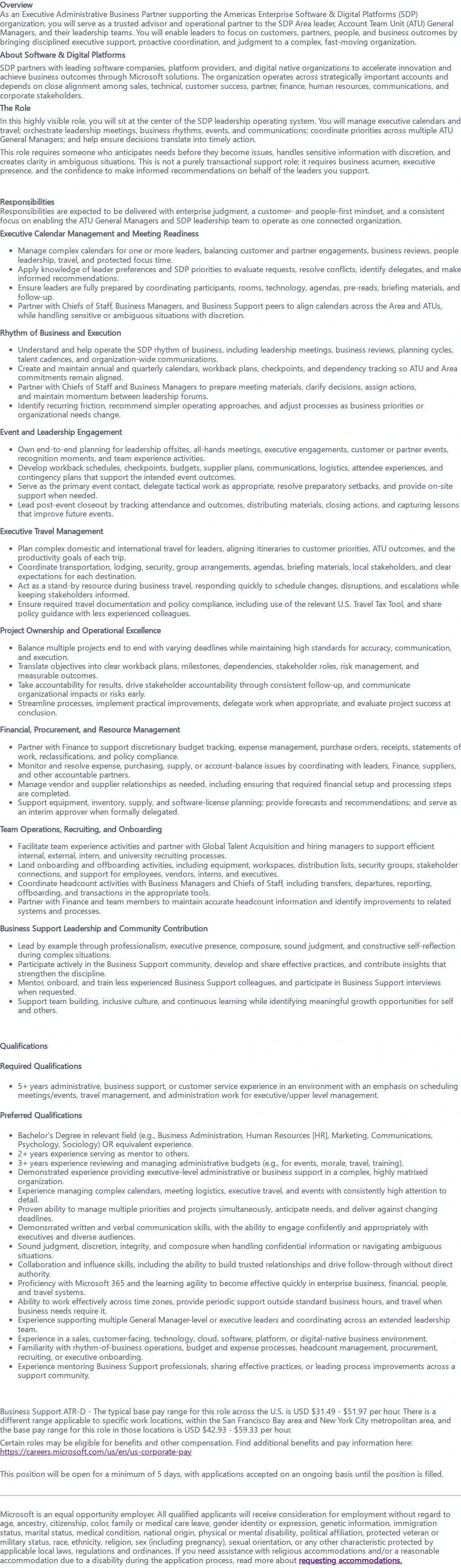 마이크로소프트(Microsoft) Executive Administrative Business Partner - Software & Digital Platforms (SDP) 채용공고