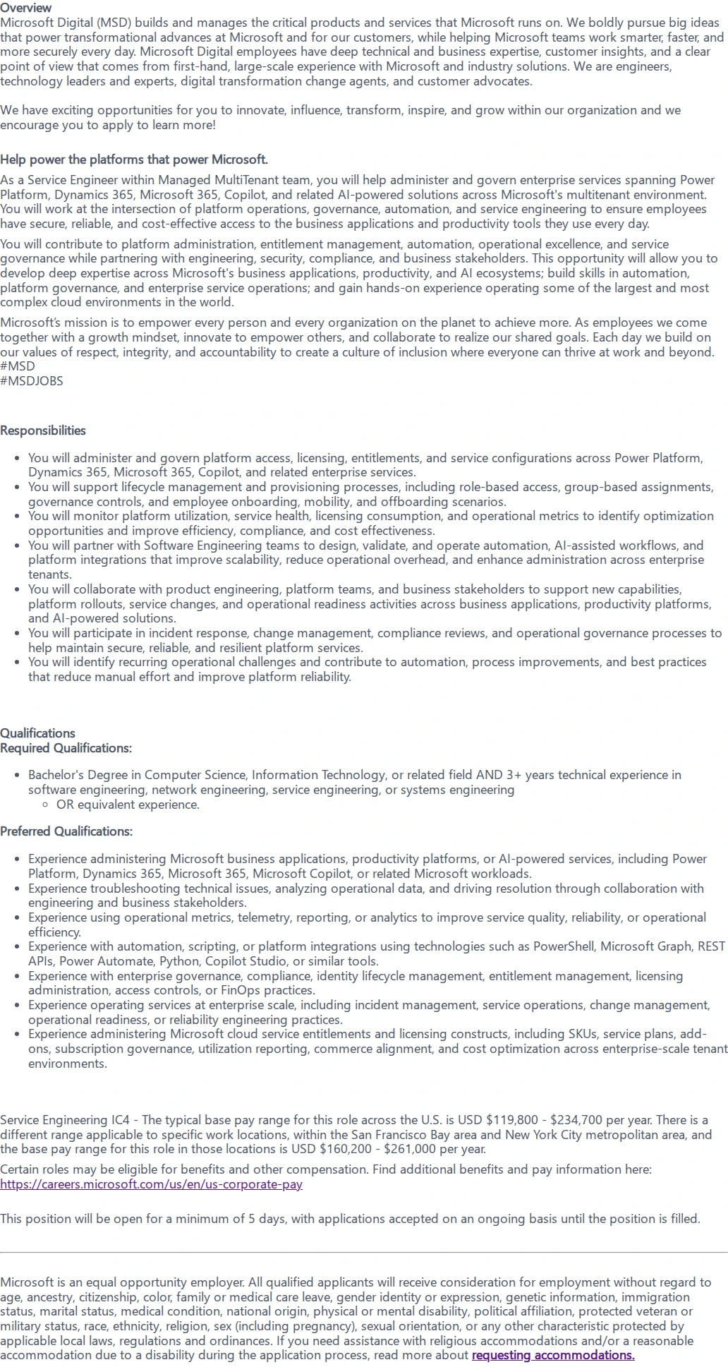 마이크로소프트(Microsoft) Senior Service Engineering 채용공고