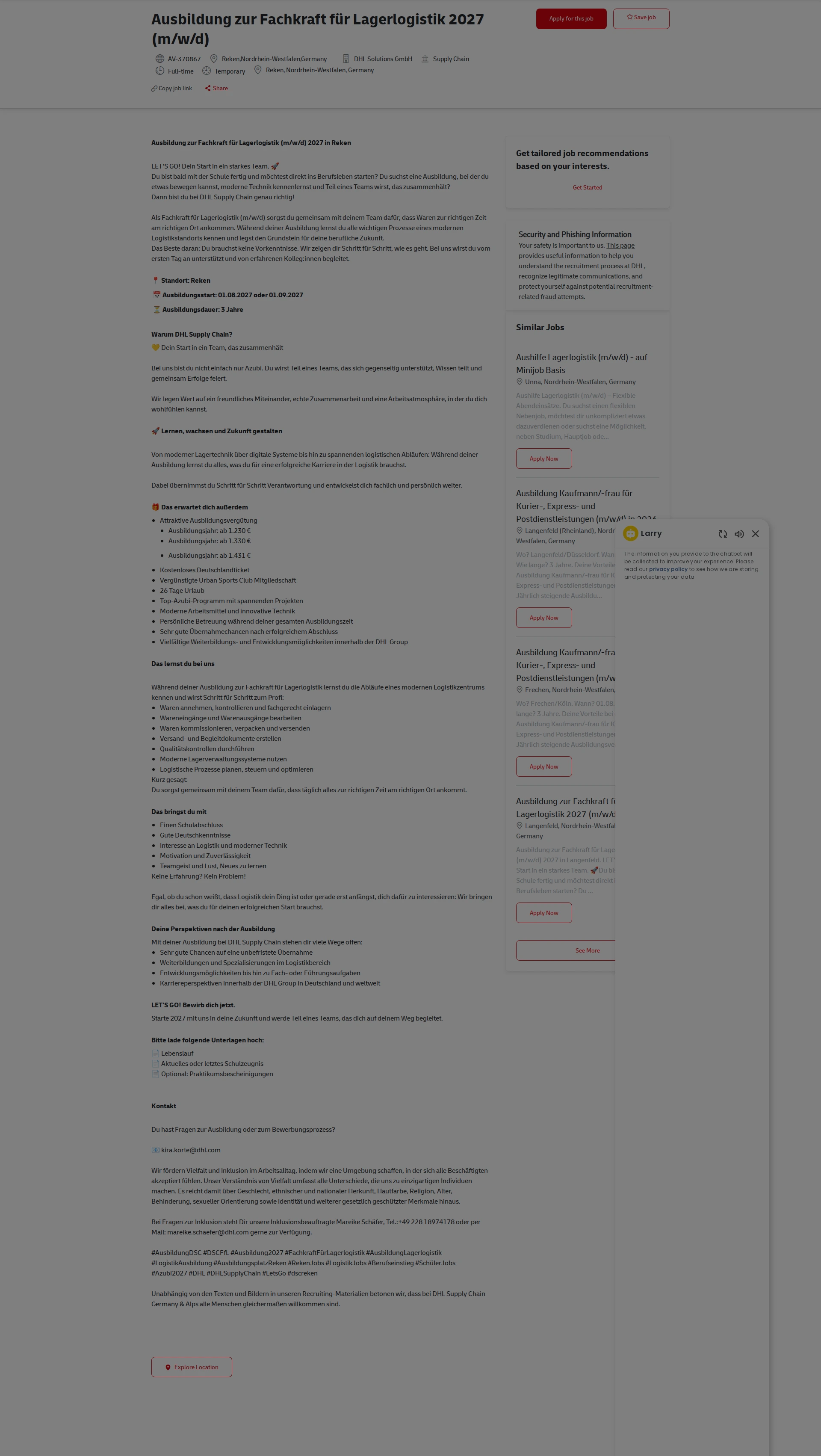 DHL Ausbildung zur Fachkraft für Lagerlogistik 2027 (m/w/d) 채용공고