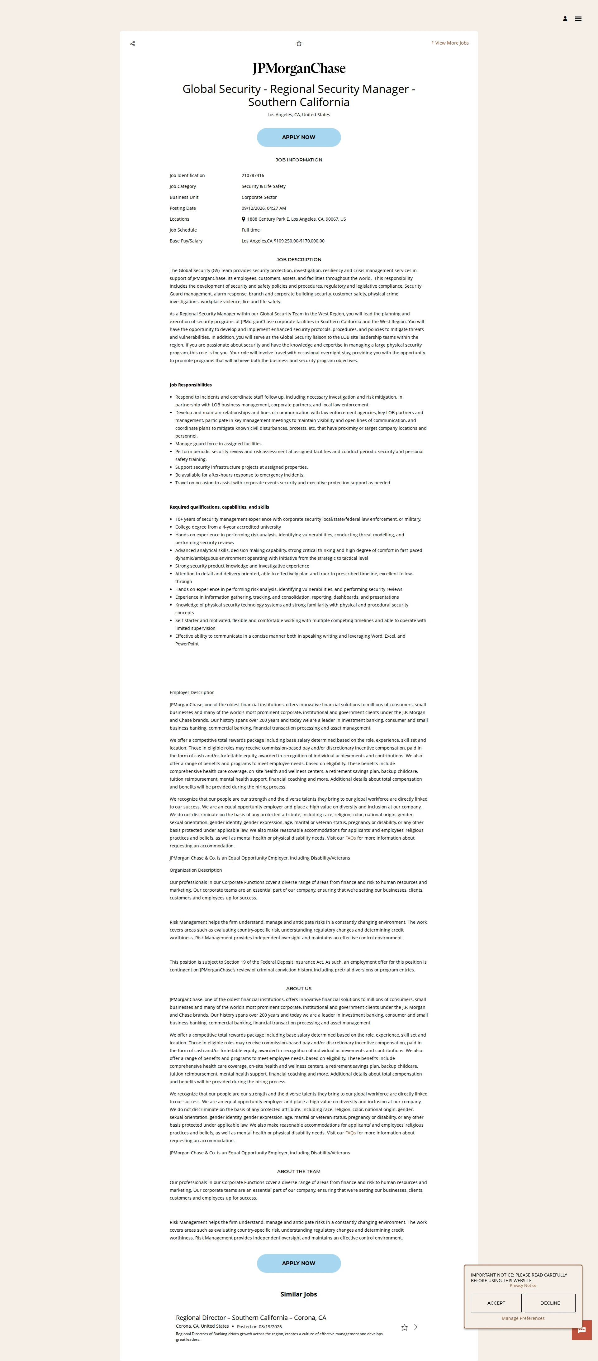 JPMorganChase Global Security - Regional Security Manager - Southern California 채용공고