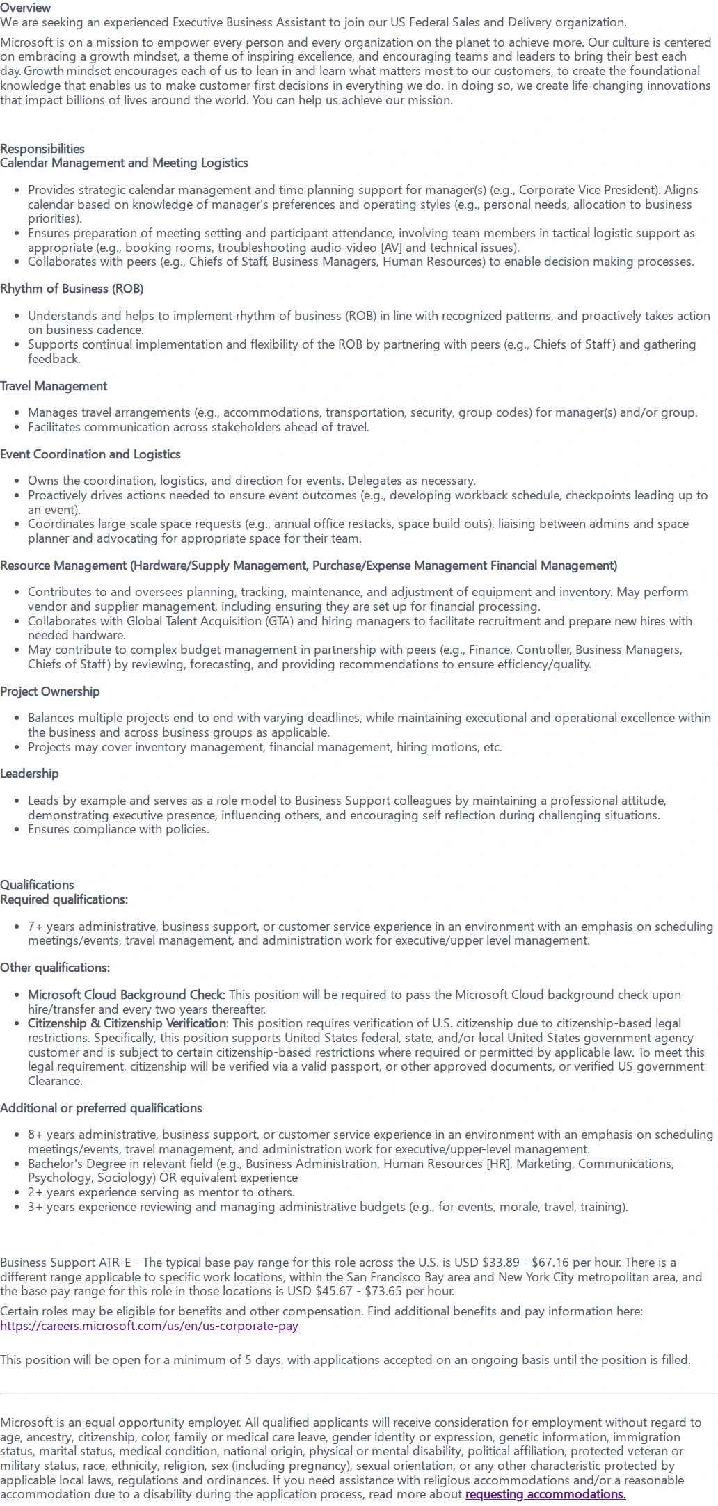 마이크로소프트(Microsoft) Executive Business Assistant 채용공고