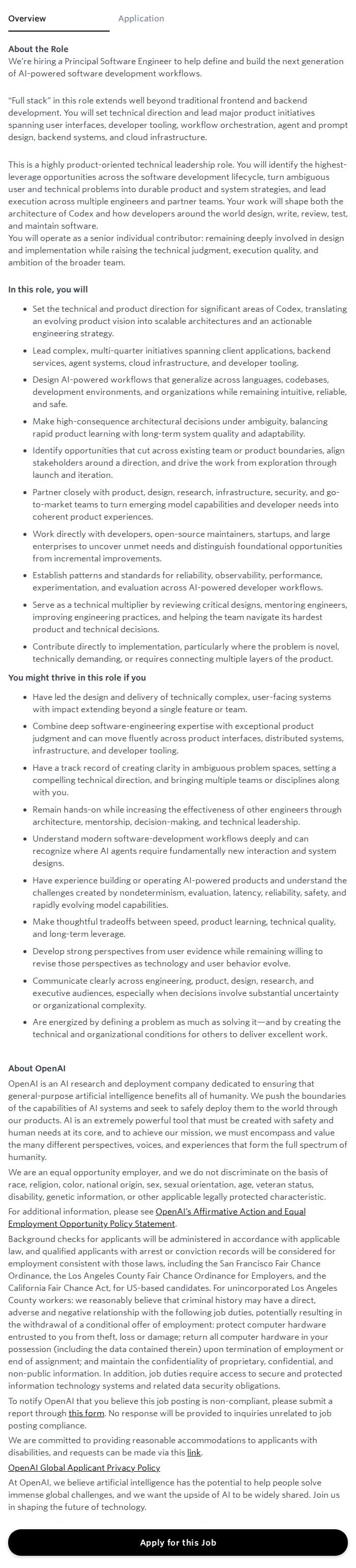 오픈에이아이(OpenAI) Principal Software Engineer, Full Stack — Codex 채용공고