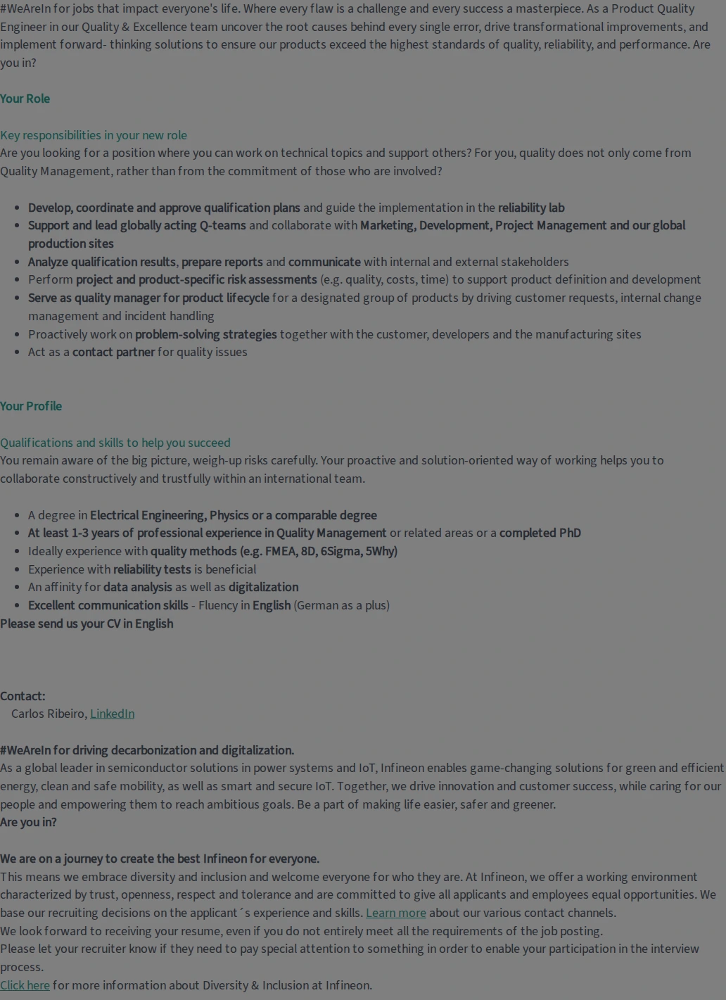 인피니언테크놀로지스코리아 Senior Engineer Product Quality Management (f/m/div) 채용공고