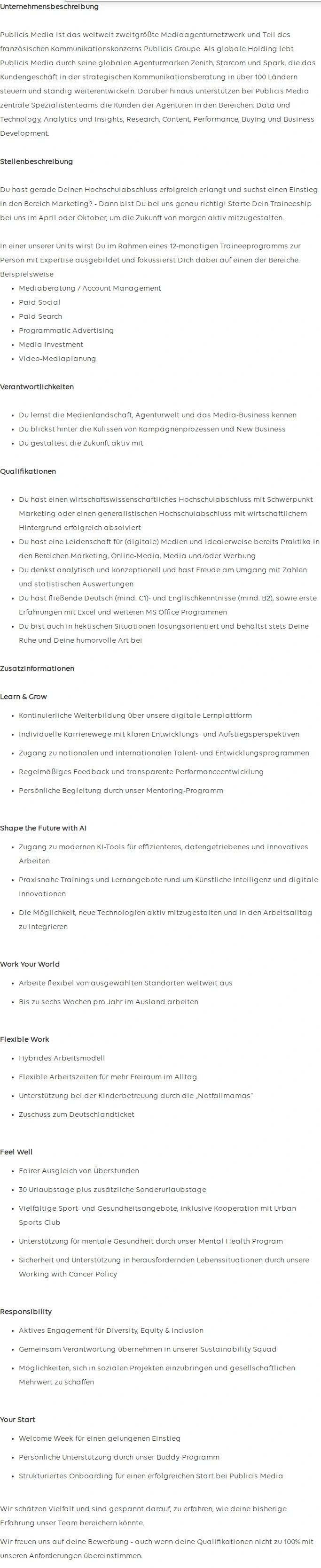 Publicis Groupe Initiativbewerbung Traineeship (all genders) 채용공고
