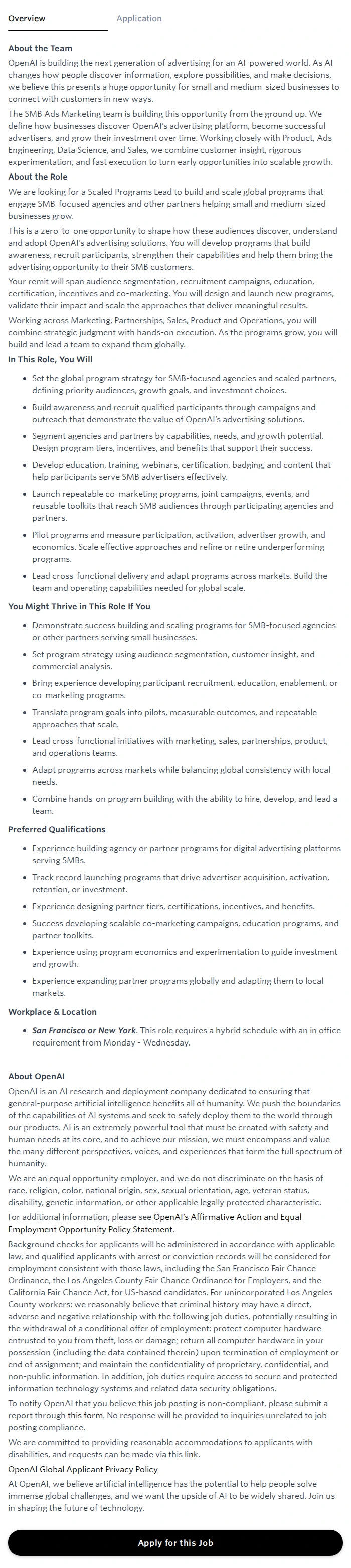 오픈에이아이(OpenAI) Scaled Programs Lead, SMB Ads 채용공고