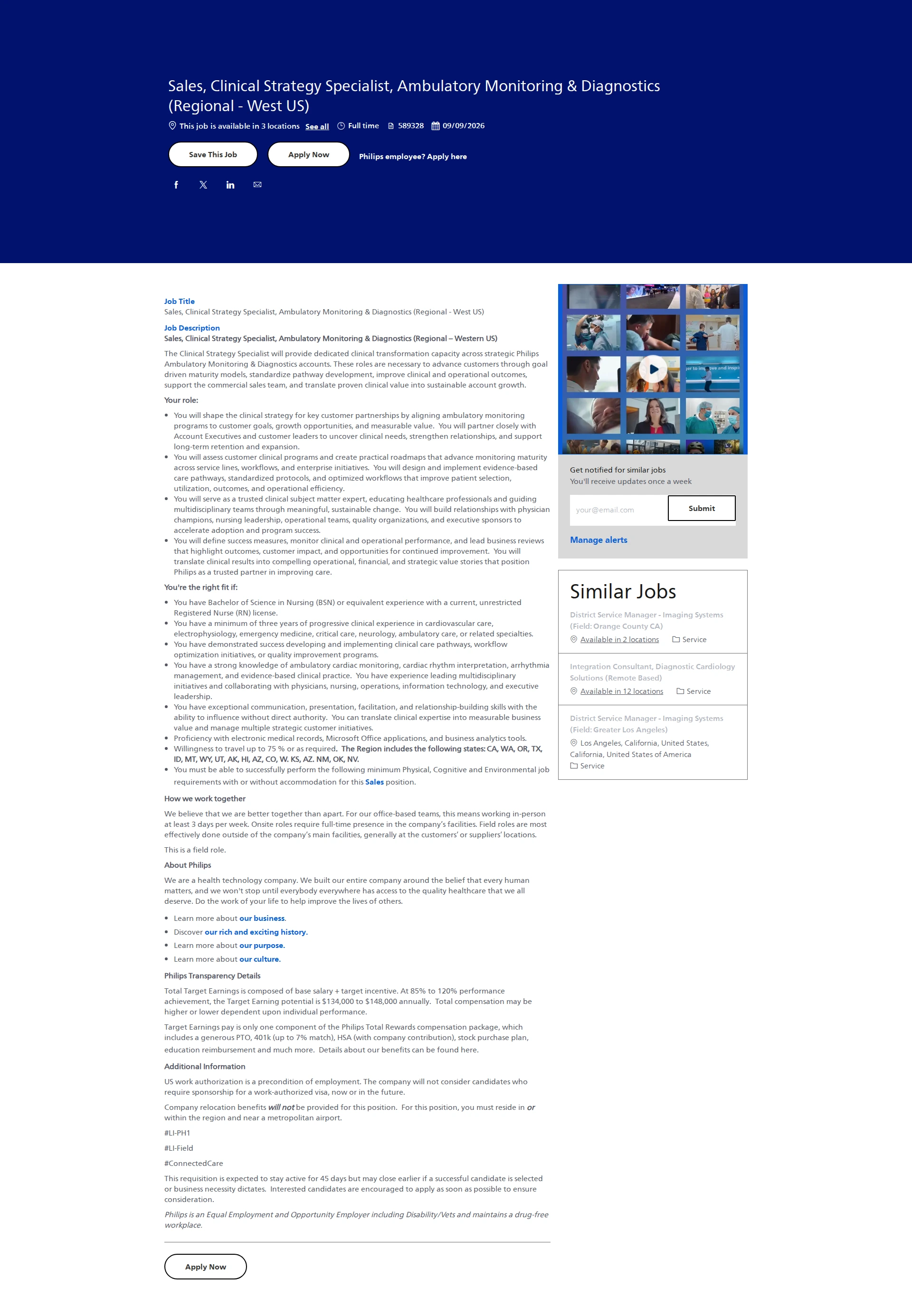 필립스 Sales, Clinical Strategy Specialist, Ambulatory Monitoring & Diagnostics (Regional - West US) 채용공고