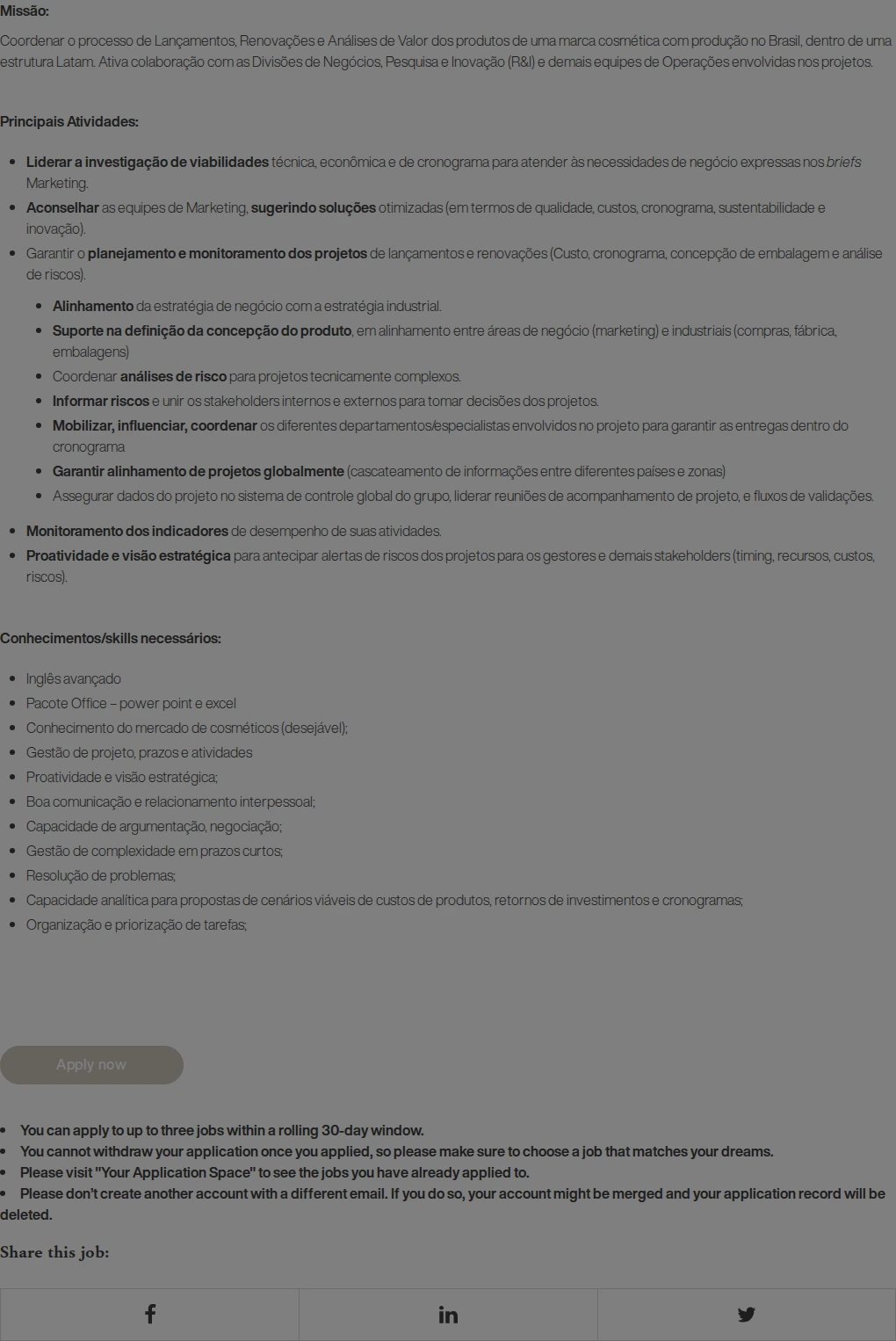 로레알(L'Oreal) Analista de Desenvolvimento de Produto (Terceira - Temporária) / Operações LATAM - Rio de Janeiro 채용공고