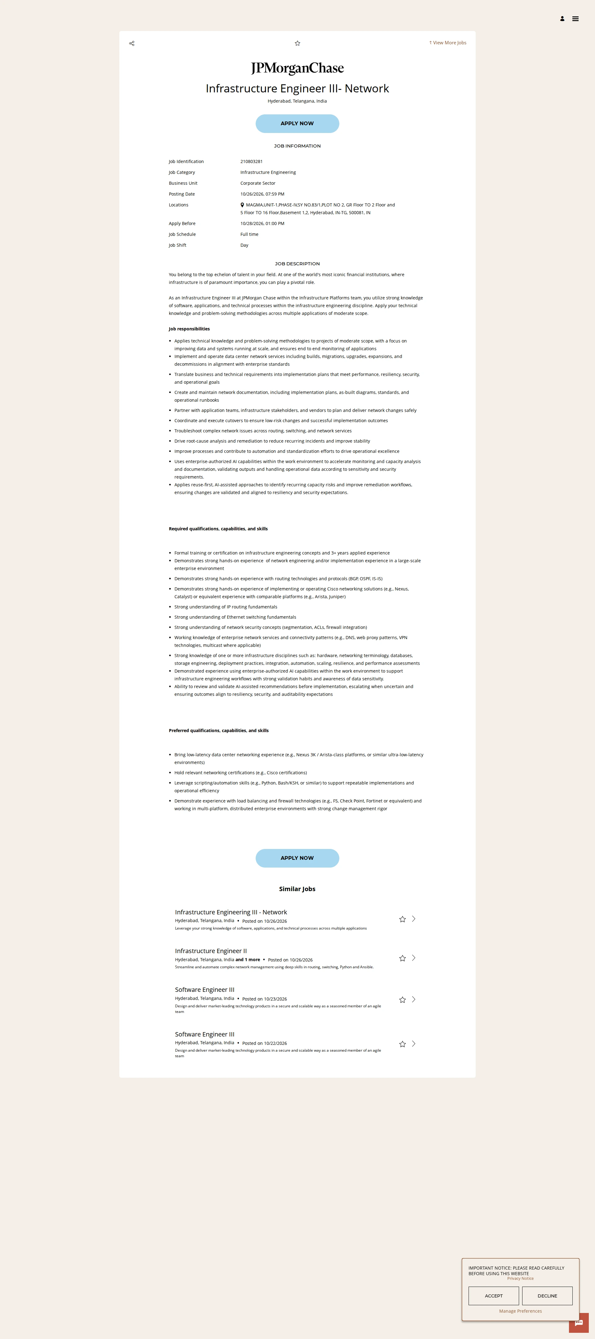 JPMorganChase Infrastructure Engineer III- Network 채용공고