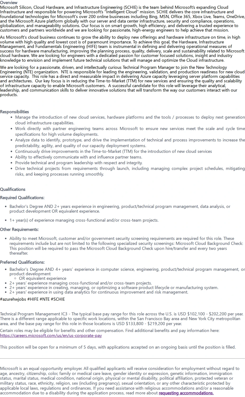 마이크로소프트(Microsoft) Technical Program Manager II 채용공고