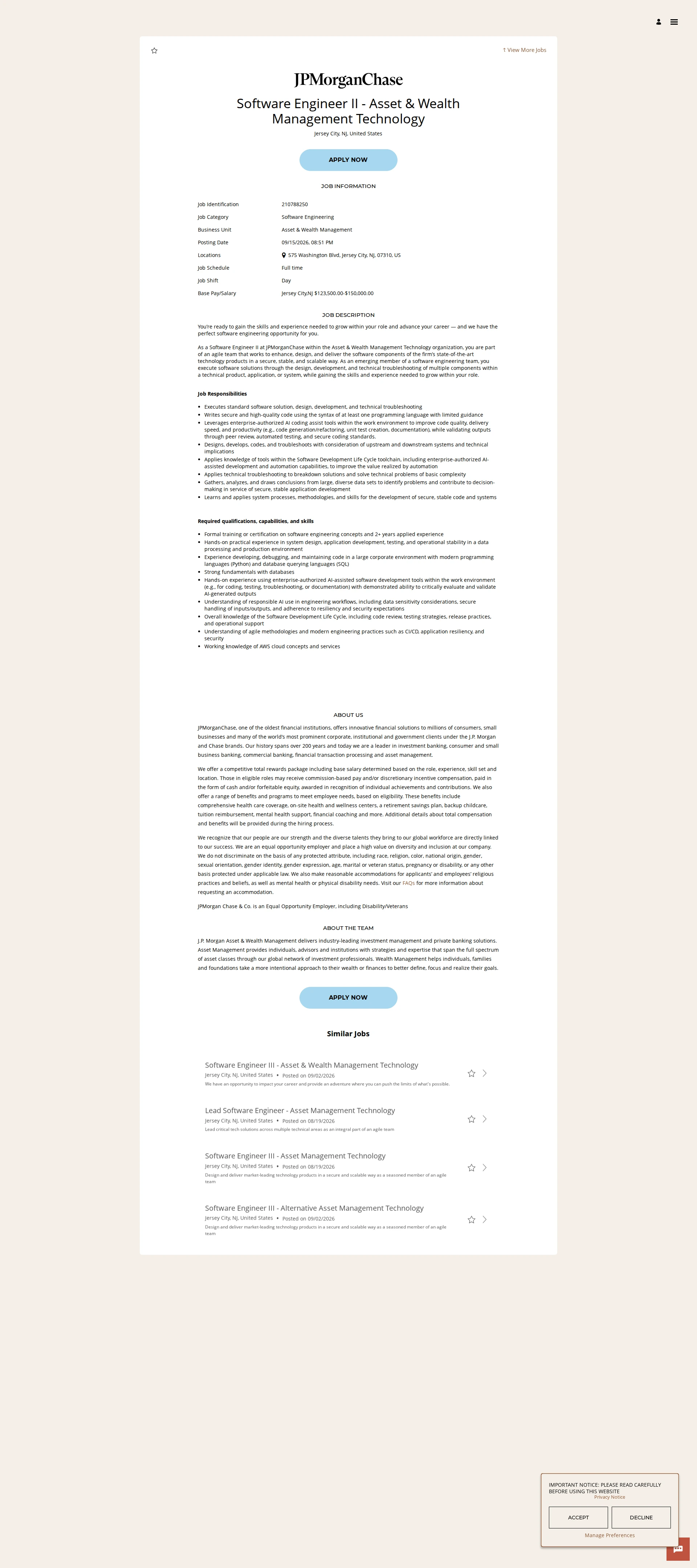 JPMorganChase Software Engineer II - Asset & Wealth Management Technology 채용공고