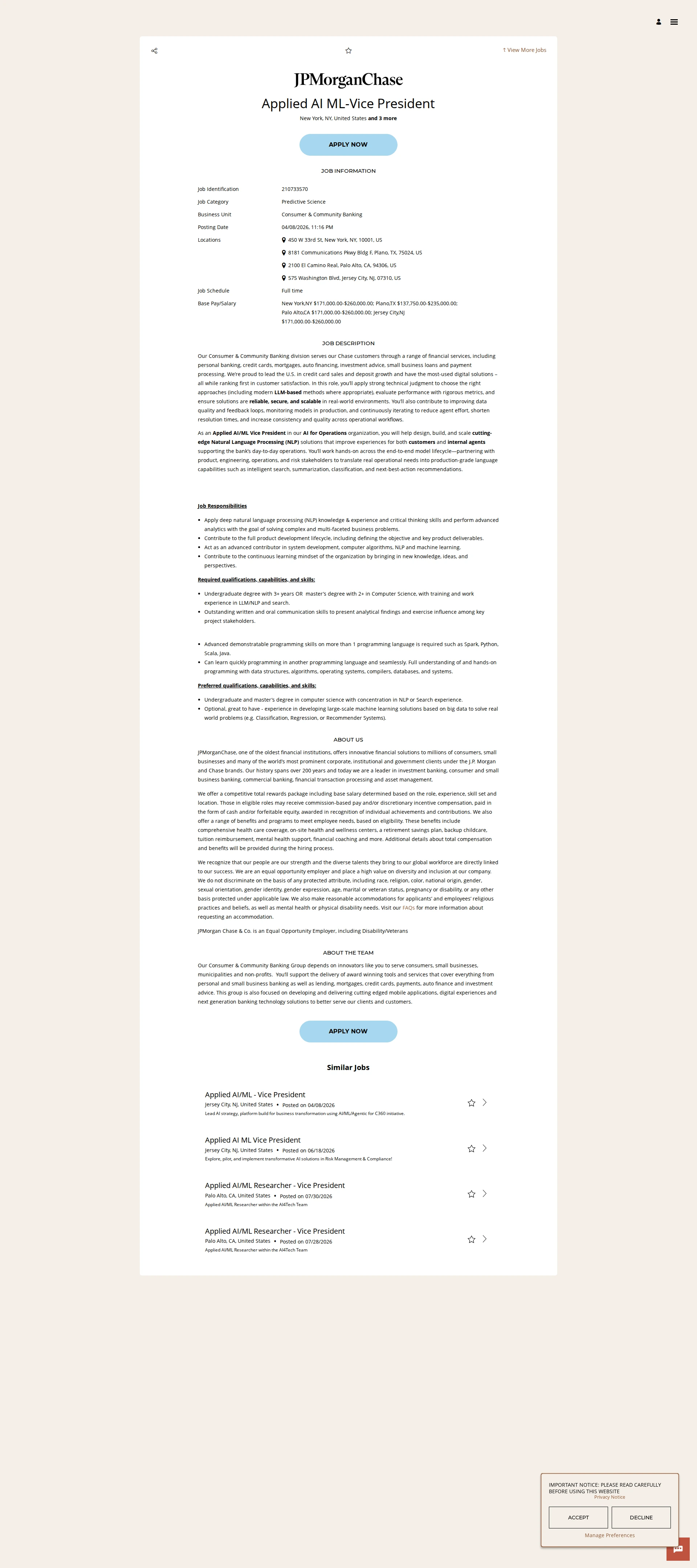 JPMorganChase Applied AI ML-Vice President 채용공고