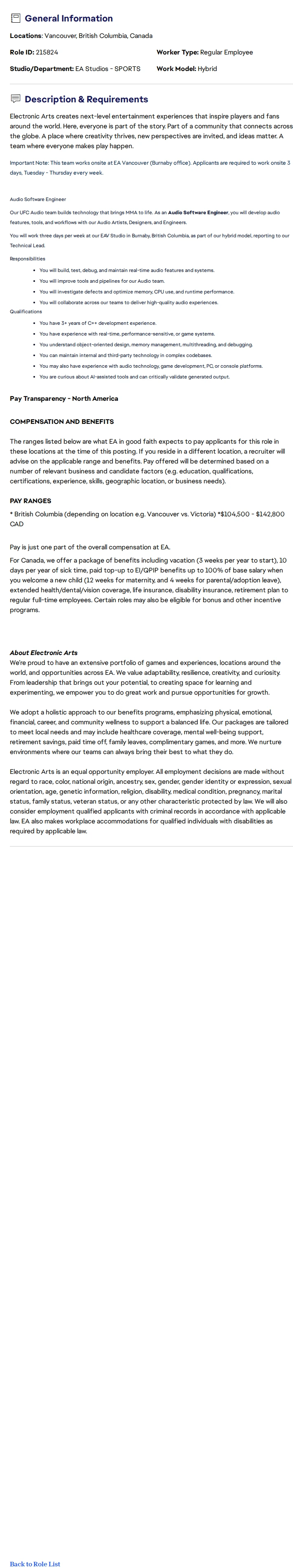 ElectronicArts Audio Software Engineer - EA SPORTS™ UFC 채용공고