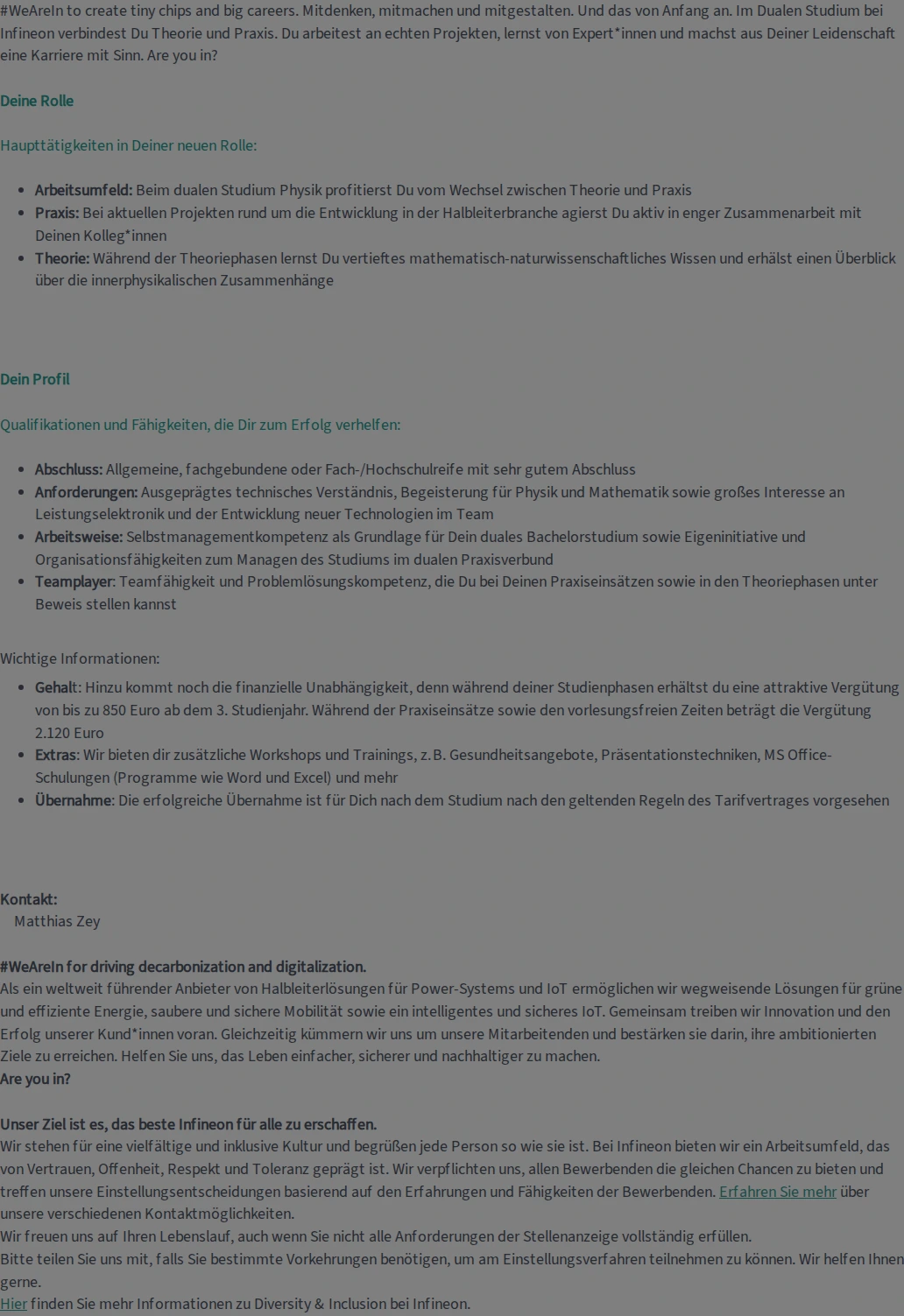 인피니언테크놀로지스코리아 Duales Studium Physik 2027 (m/w/d) 채용공고