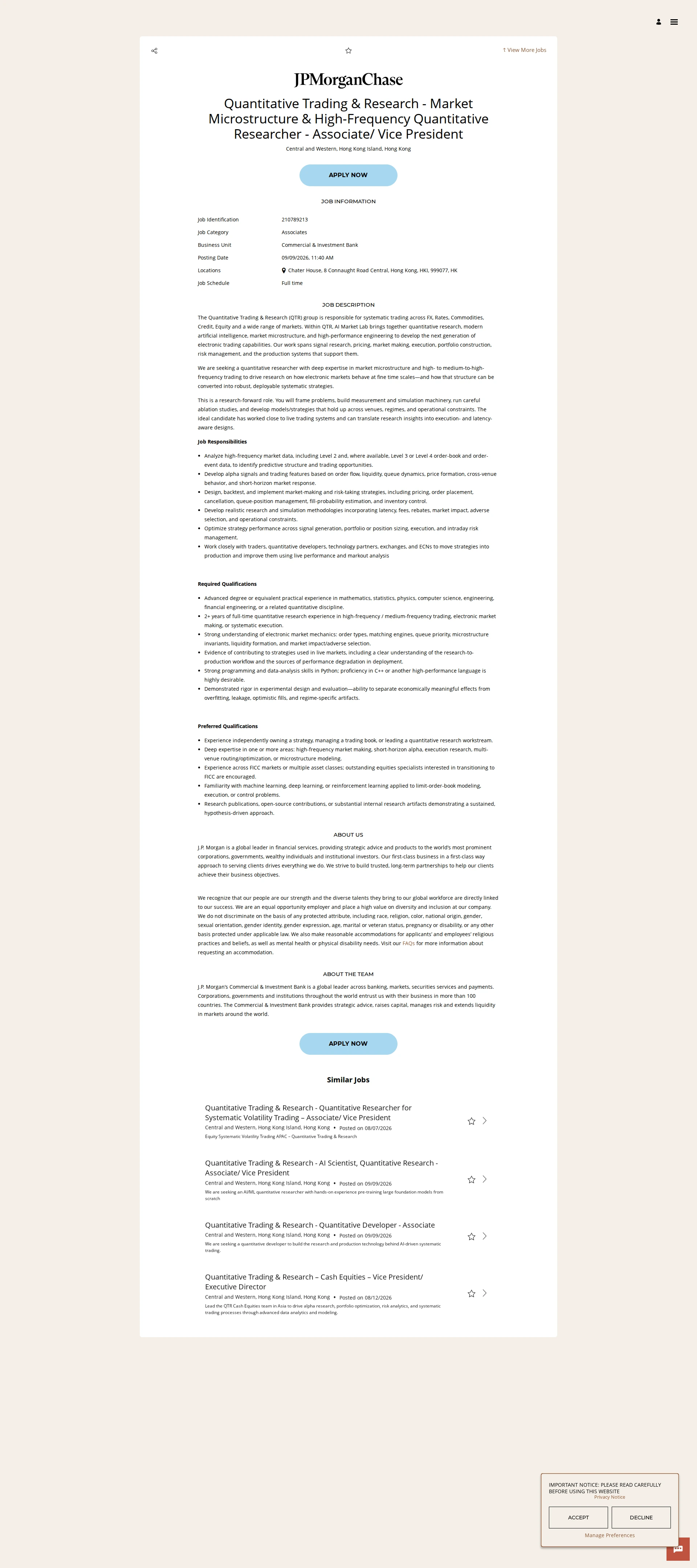 JPMorganChase Quantitative Trading & Research - Market Microstructure & High-Frequency Quantitative Researcher - Associate/ Vice President 채용공고