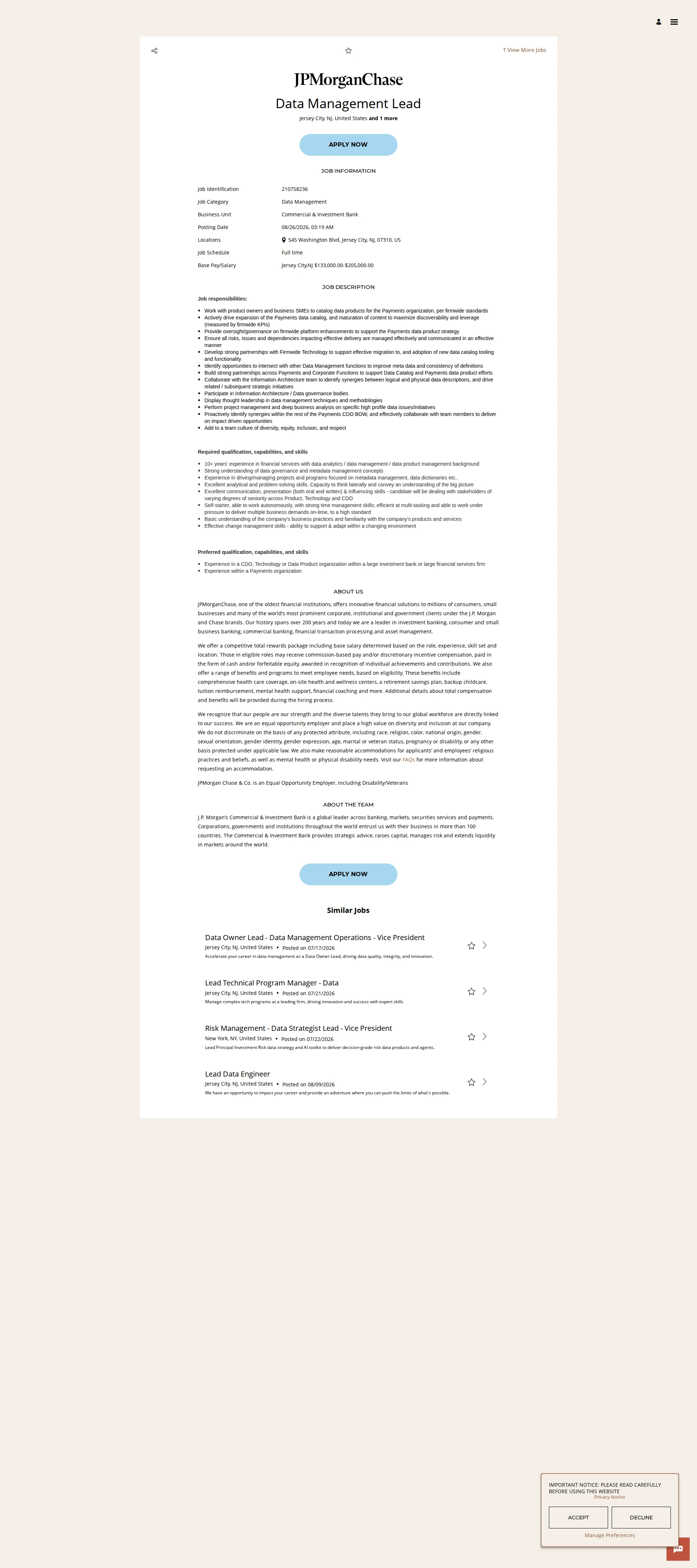 JPMorganChase Data Management Lead 채용공고