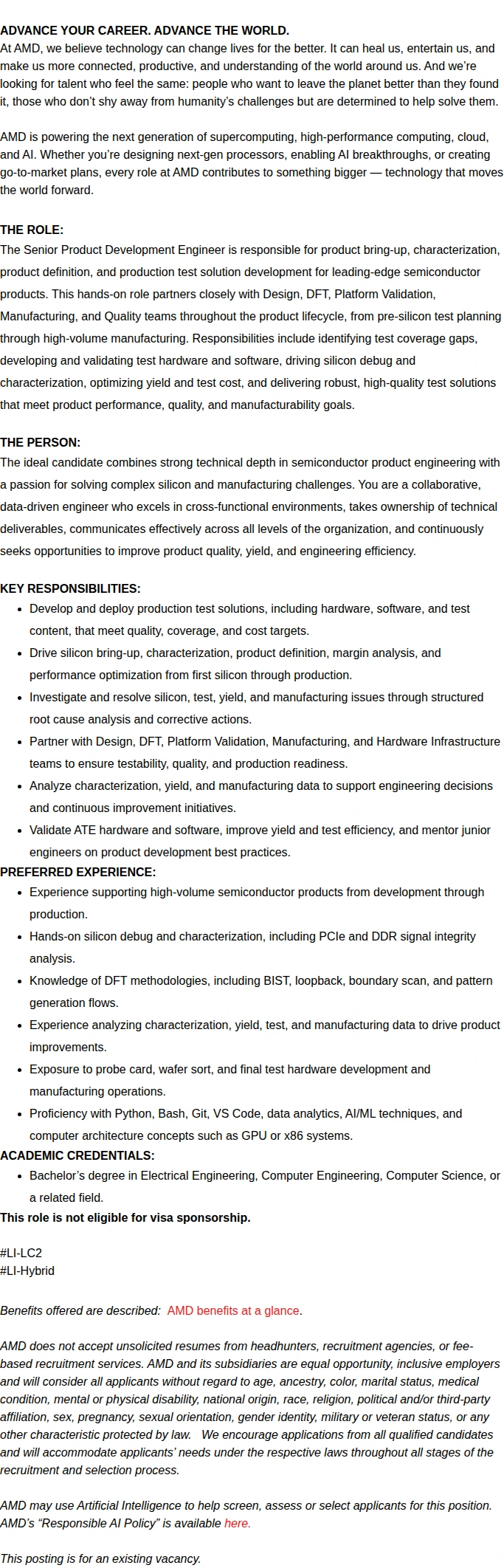 AMD Senior PDE, Test and Product Engineering, Client APU 채용공고