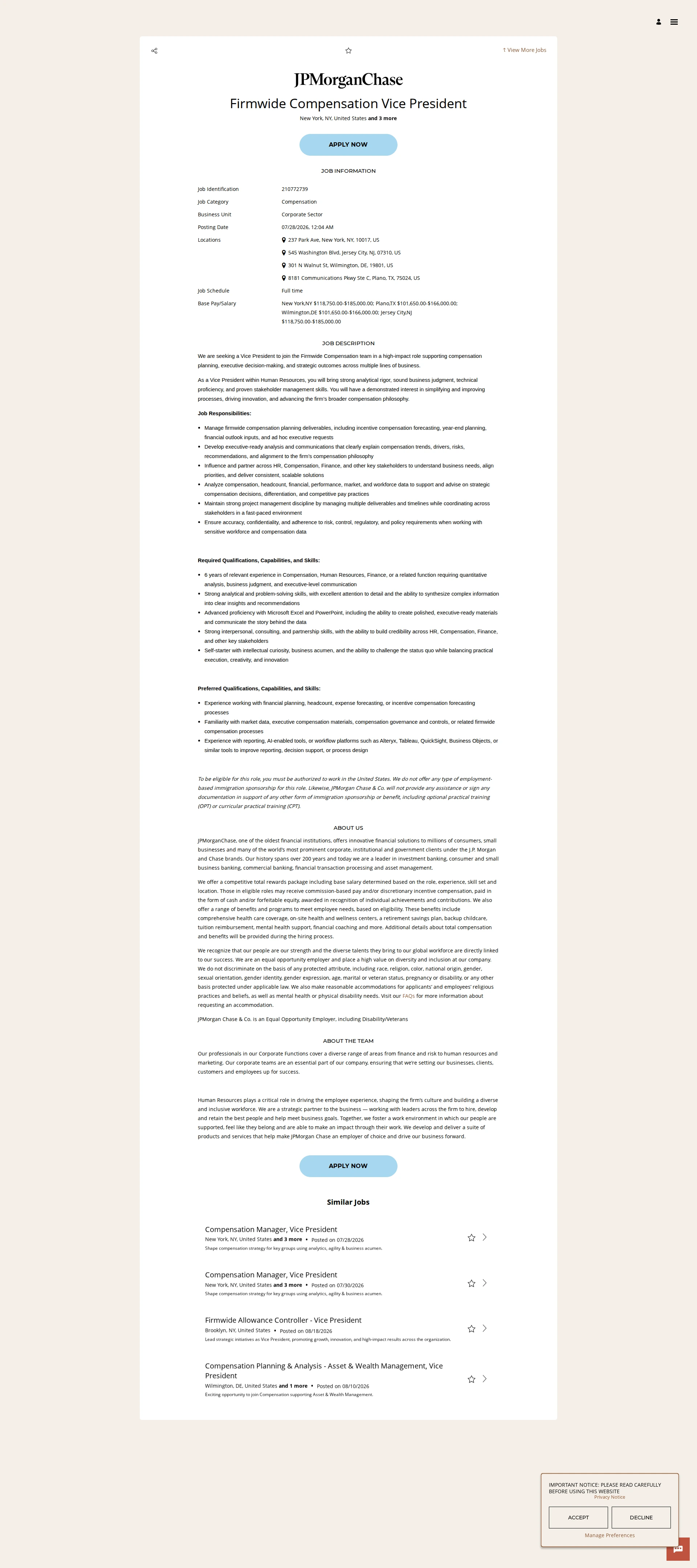 JPMorganChase Firmwide Compensation Vice President 채용공고
