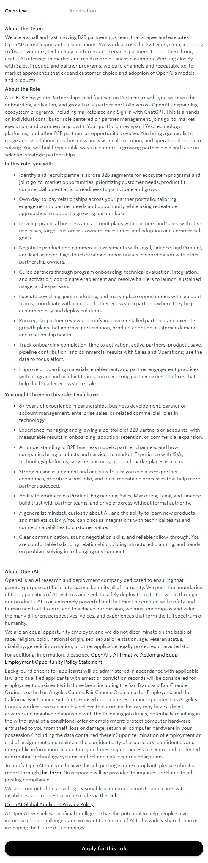 오픈에이아이(OpenAI) B2B Ecosystem Lead, Partner Growth 채용공고