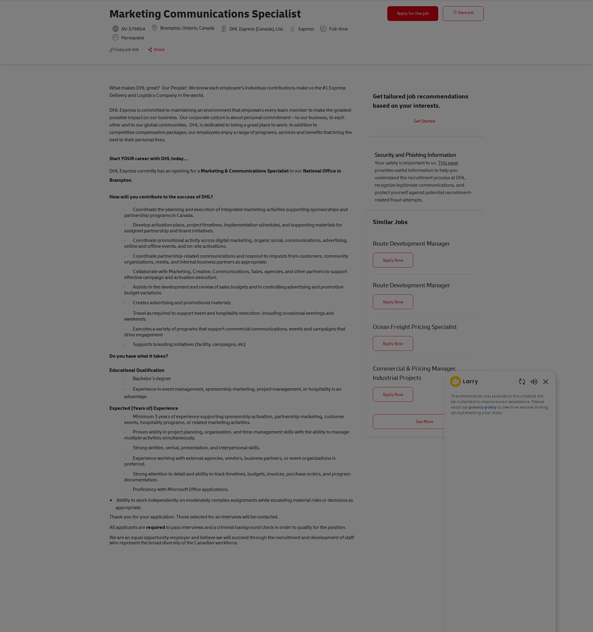 DHL Marketing Communications Specialist 채용공고