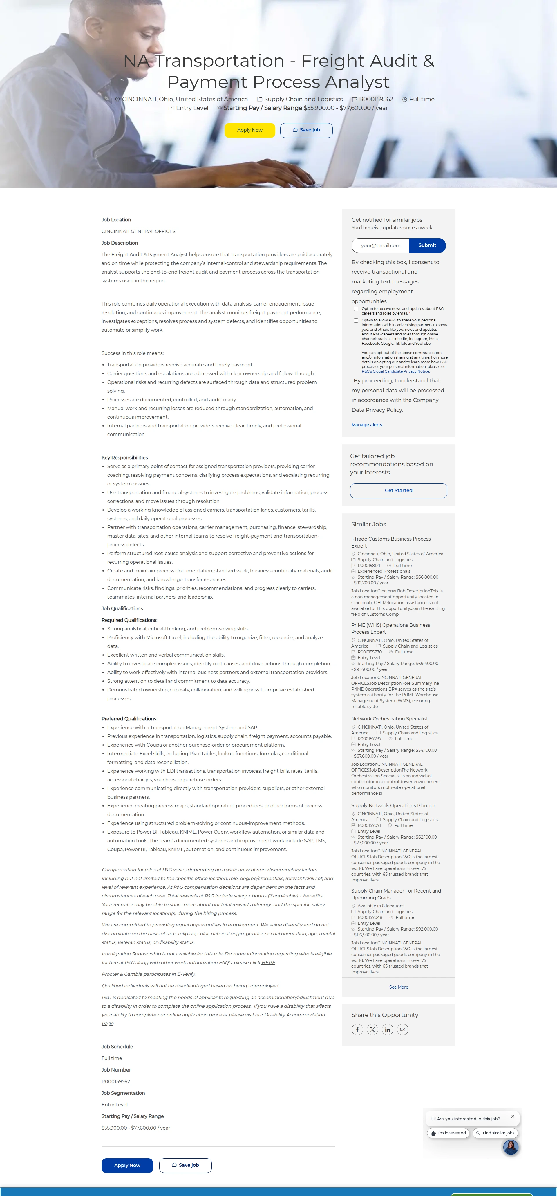 P&G NA Transportation - Freight Audit & Payment Process Analyst 채용공고