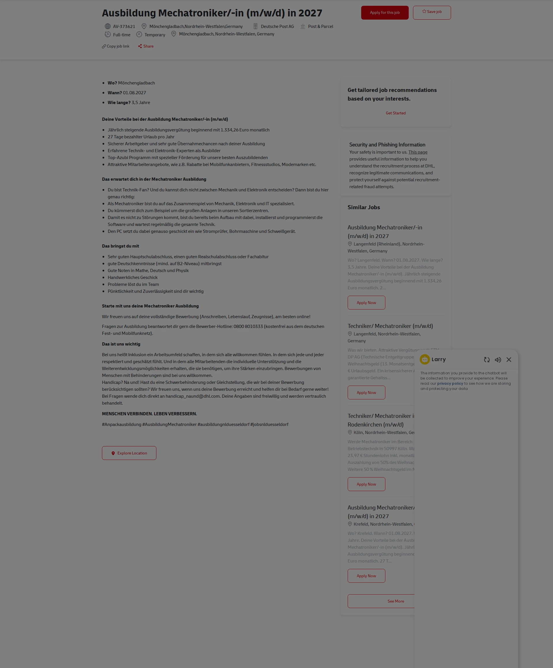 DHL Ausbildung Mechatroniker/-in (m/w/d) in 2027 채용공고