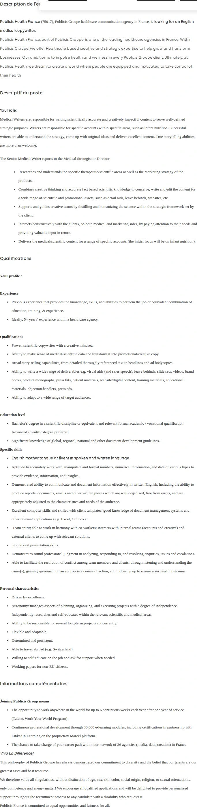 Publicis Groupe Senior Medical Copywriter (M/F) - CDI 채용공고