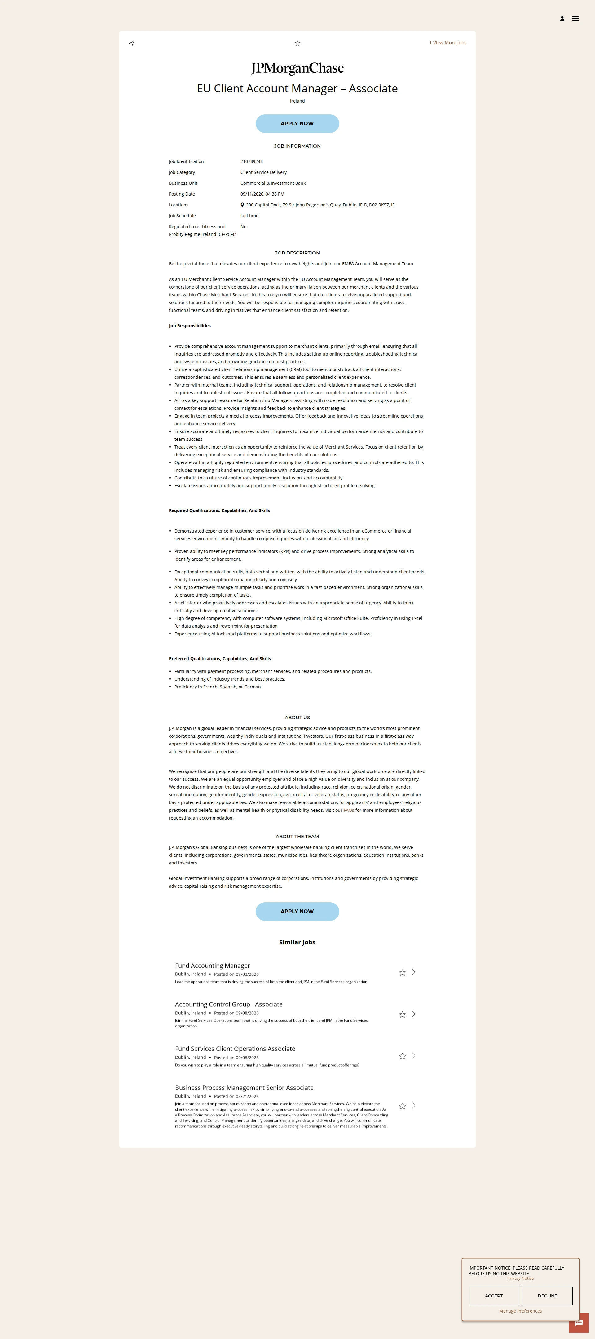 JPMorganChase EU Client Account Manager – Associate 채용공고