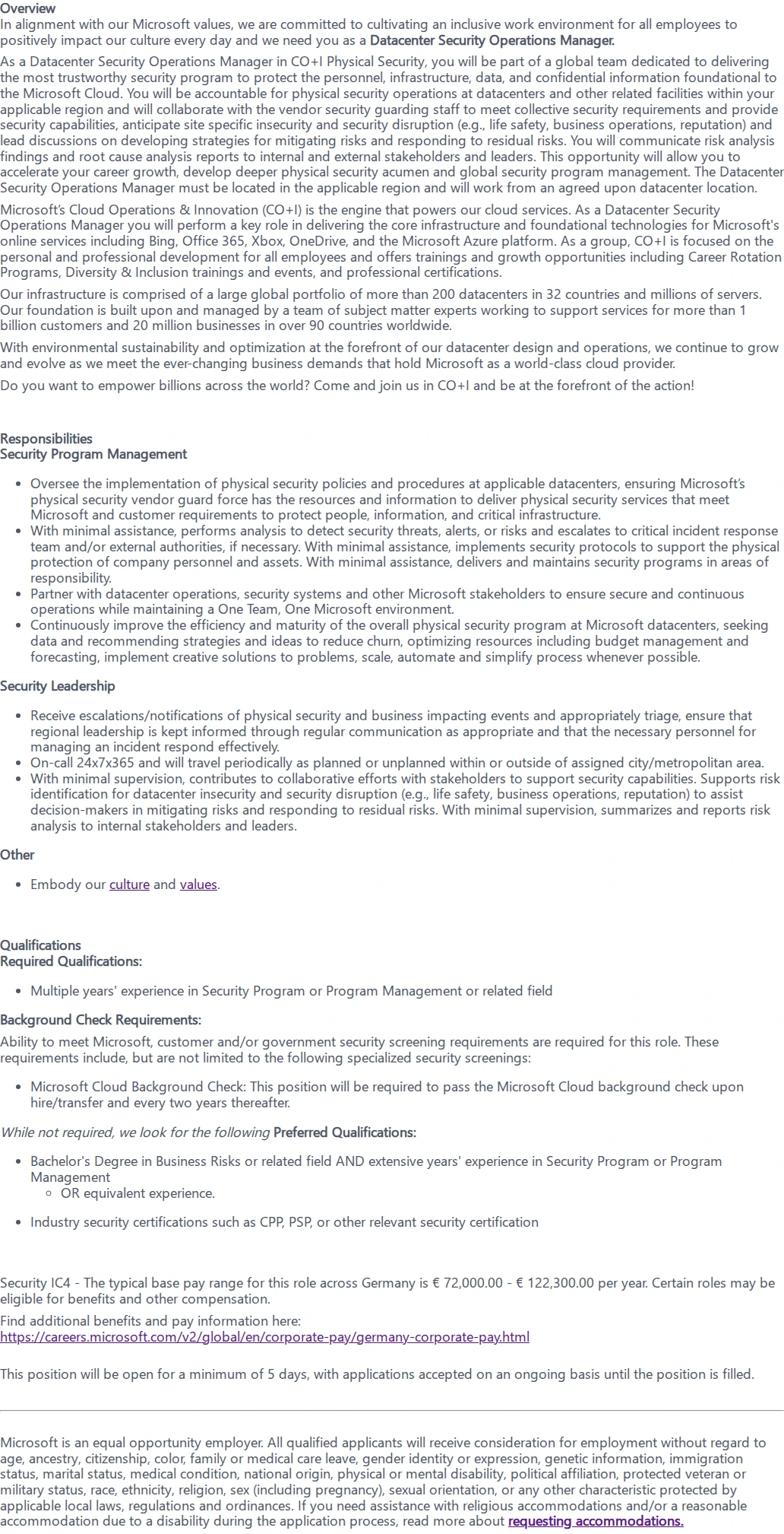 마이크로소프트(Microsoft) Datacenter Security Operations Manager 채용공고